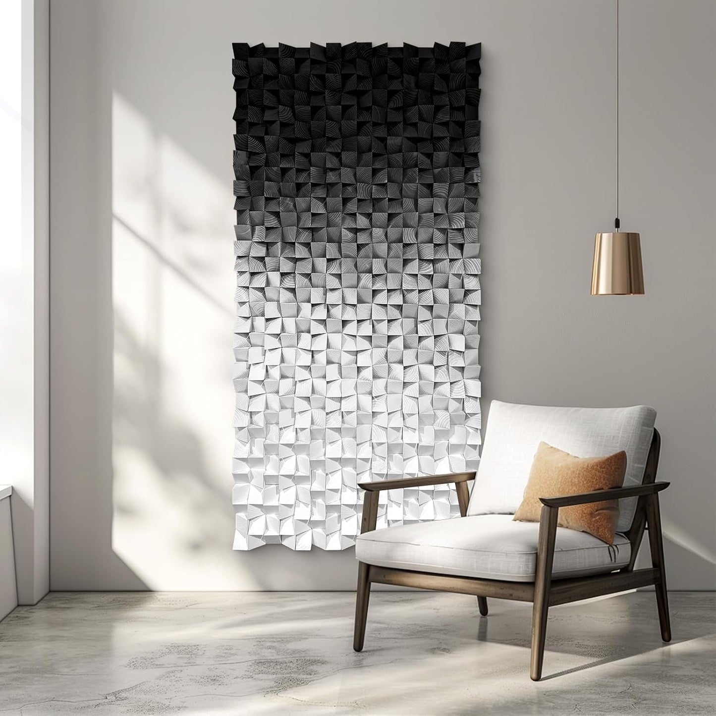 LIUZEYUE - Wooden Block Stereoscopic Painting Geometric Modeling Wall Decoration 3D Wooden Artwork Living Room Bedroom Background Wall Office Decoration Black and White Gradient 35.4"x70.8"