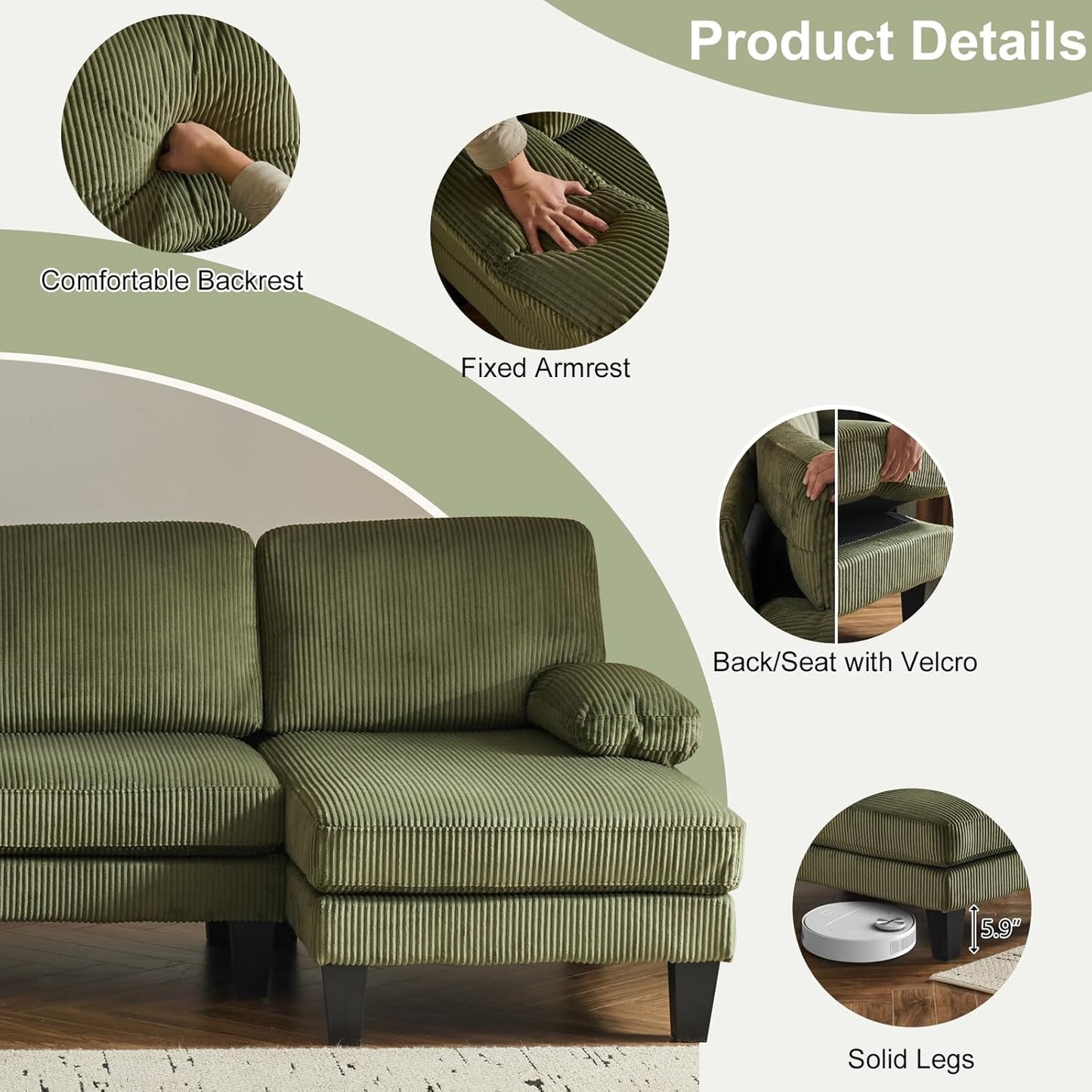 Karl home U-Shape Sectional Sofa Couch 111" Modern 4-Seat Sofa with Chaises Corduroy Fabric Upholstered Covertible Couch with Wood Grain Legs for Living Room, Reception Room, Apartment, Green
