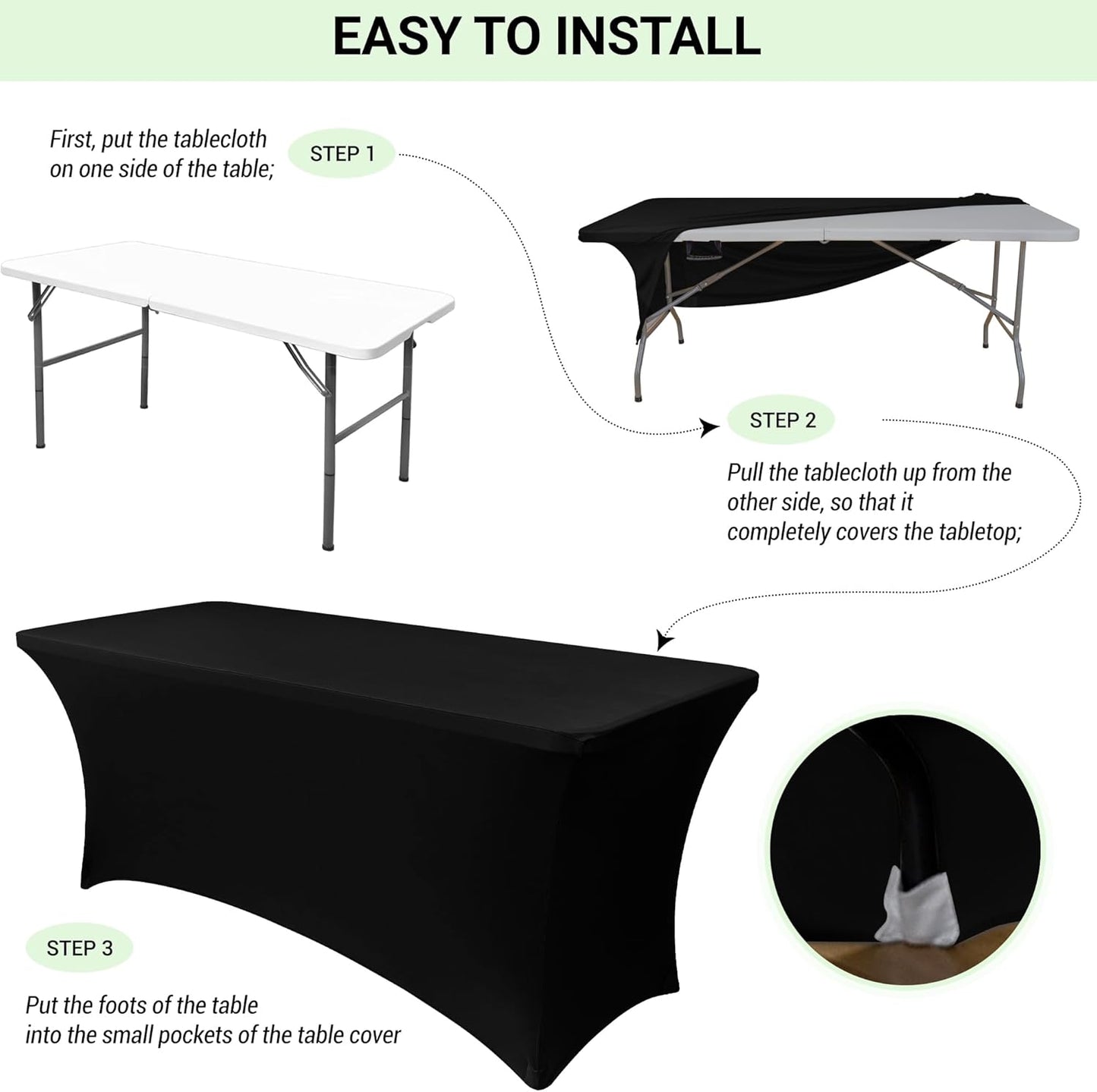 Obstal 6ft Blackish Green Stretch Spandex Table Cover for Standard Folding Tables - Universal Rectangular Fitted Tablecloth Protector for Wedding, Banquet and Party, 72L x 30W x 30H Inches, 2pc