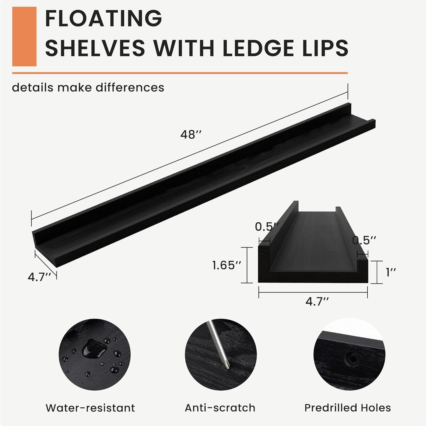 Solid Ash Wood Floating Shelves, Wood Picture Ledge Shelf Set of 2, 48 Inch Long Large Photo Ledge Shelves, Nursery Book Shelves Wall Mounted for Living Room Kids' Bedroom Decor, Black