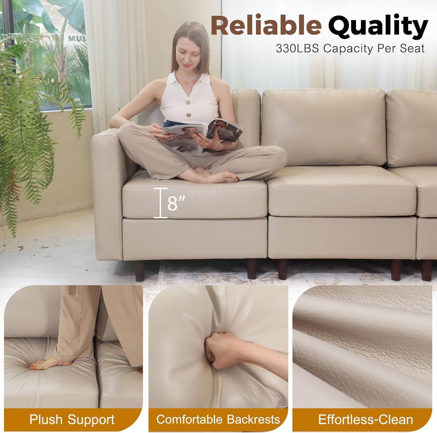 118.5" Faux Leather Modular Sectional Sofa, 7 Seater U Shaped Couch with Storage Seat with Reversible Chaise Deep Seat for Living Room Whitesand