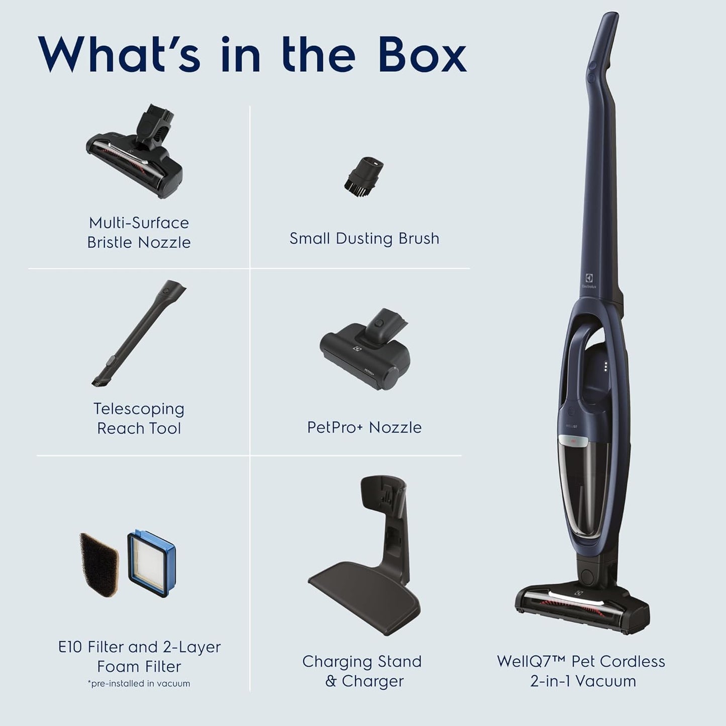Electrolux WellQ7 Pet Cordless 2-in-1 Vacuum Cleaner with Motorized PetPro+ Nozzle for Easy Pet Hair Removal, 50-Minute Run Time, 2 Power Modes, Indigo Blue