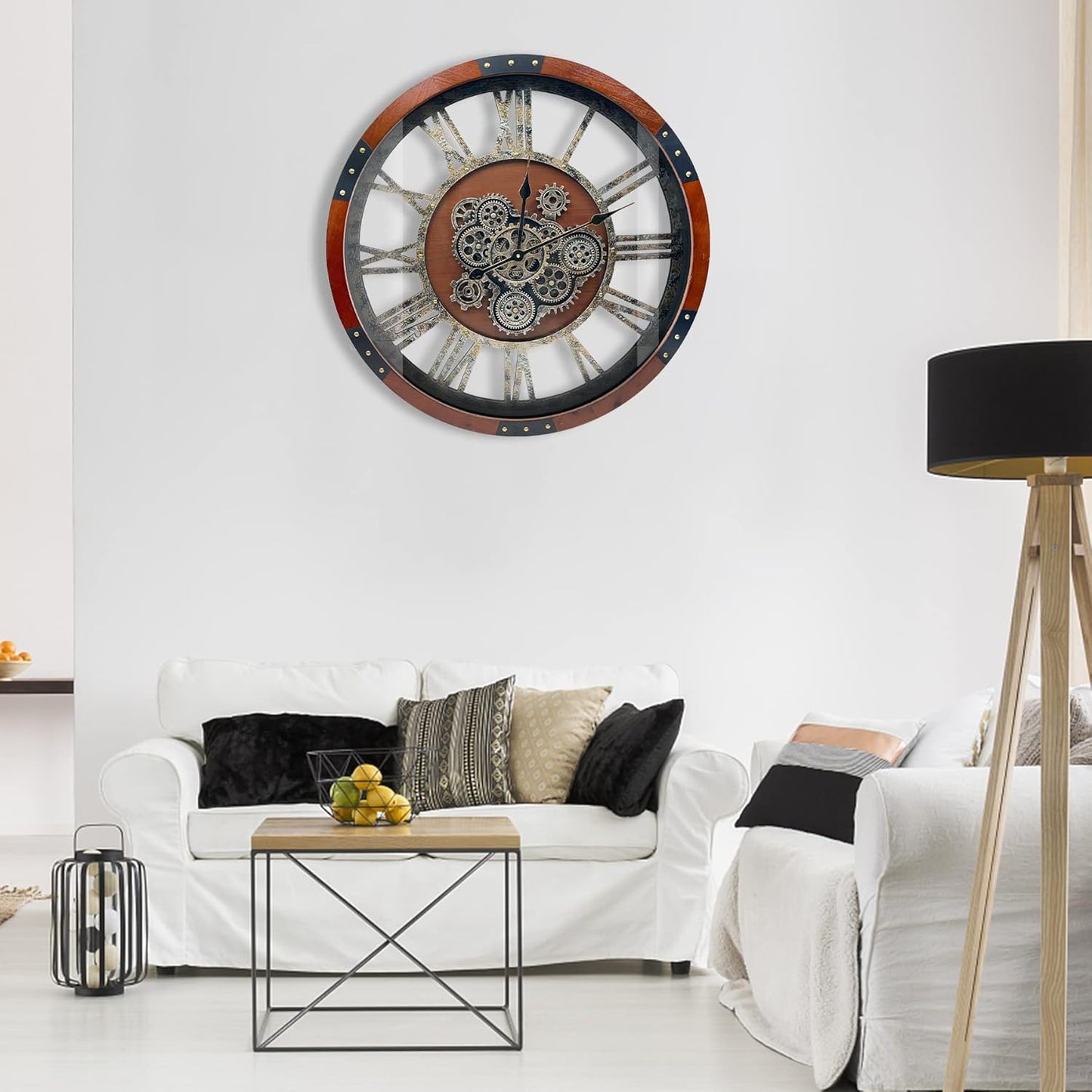 DORBOKER 24" Original Moving Gears Wall Clock, Large Industrial Wall Clock for Living Room Decor,Oversized Wood Vintage Farmhouse Steampunk Rustic Clocks for Wall Decor,Black Walnut