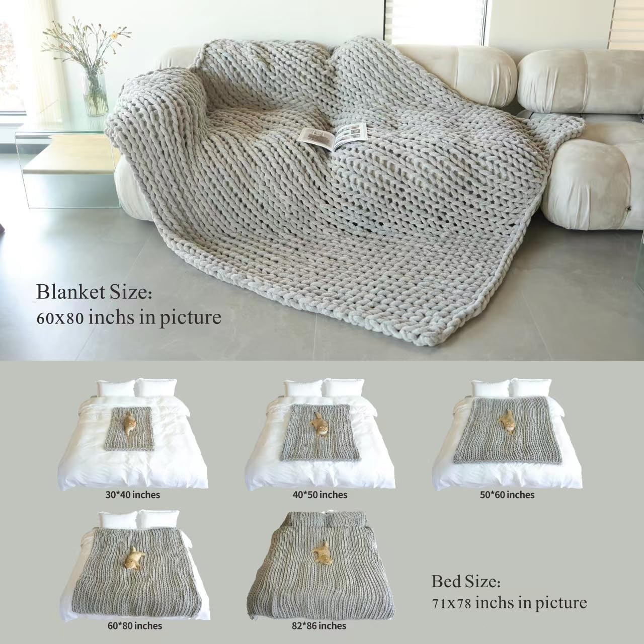 Maetoow Chenille Chunky Knit Blanket Throw （60×80 Inch）, Handmade Warm & Cozy Blanket Couch, Bed, Home Decor, Soft Breathable Fleece Banket, Christmas Thick and Giant Yarn Throws, Khaki