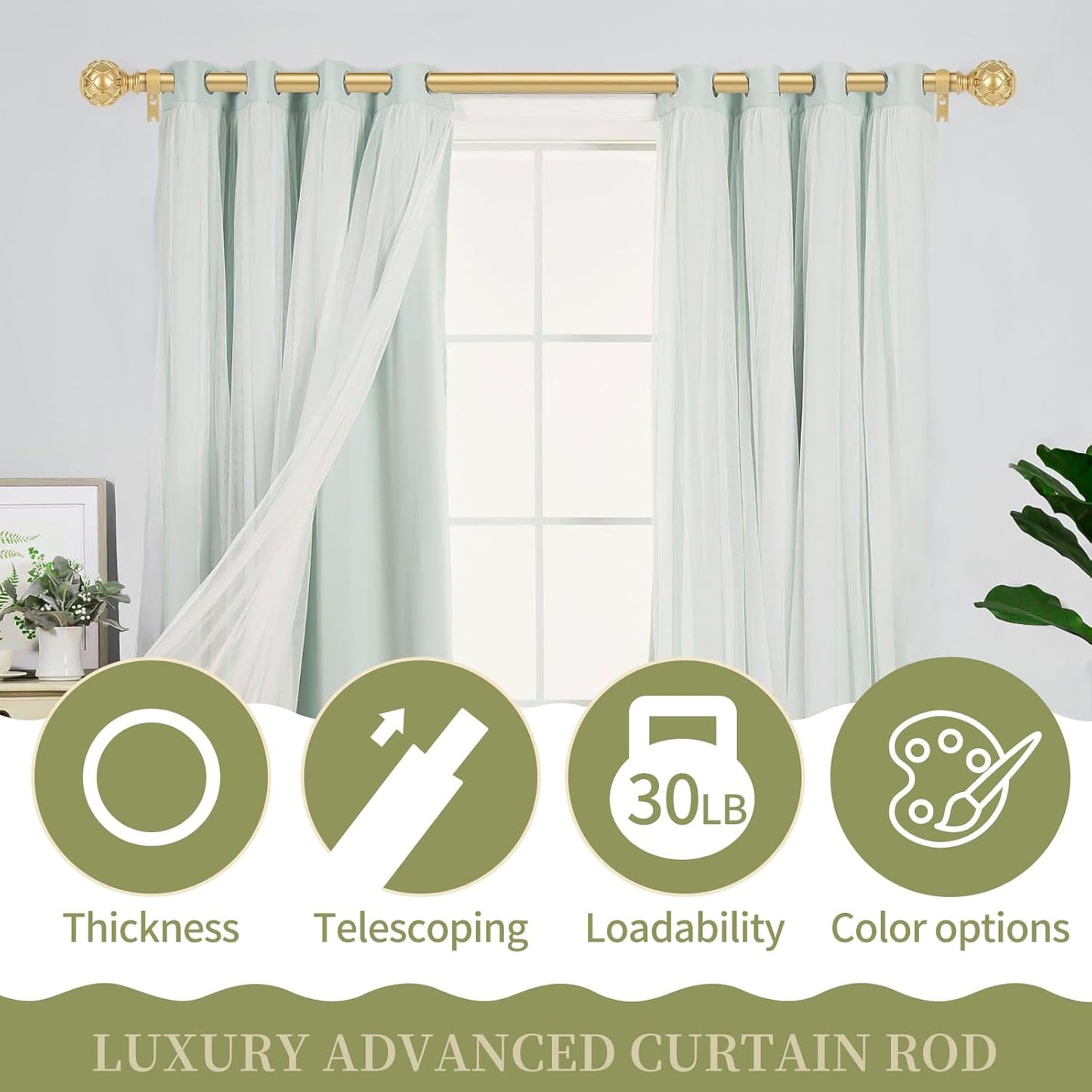 Gold Adjustable Curtain Rods for Windows:18-60 Inch Farmhouse Heavy Duty Curtain Rod for Bedroom Living Room,Boho Decorative Rustic Drapery Rods with Vintage Coastal Texture Finial,Brass Gold