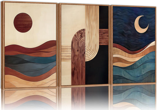 SIGNINART Boho Mid Century Modern Framed Canvas Wall Art, Bohemian Geometric Wall Decor, Abstract Sun and Moon Artwork,Beige and Black Wooden Art Paintings for Living Room Bedroom Office 16"x24"x3