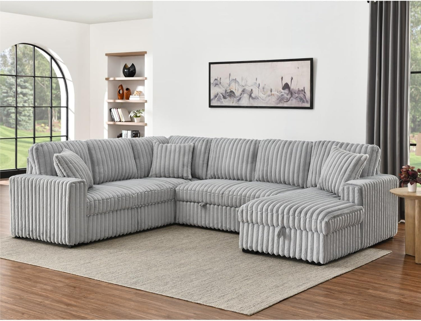 THSUPER 122-Inch Oversized U Shaped Plush Corduroy Fluffy Sectional Sleeper Sofa with Pull Out Bed, Storage Chaise Lounge and USB Charging Port - Gray