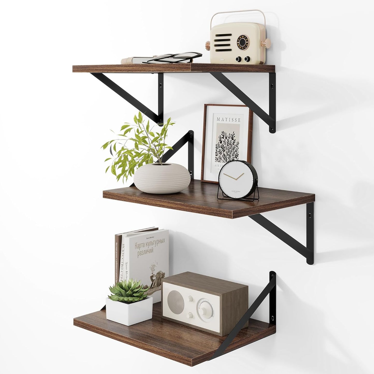 Heimlove Deep Floating Shelves for Wall, 12 Inch Deep Floating Shelves Set of 3, 16W x 12D Wood Wall Shelves, Wide Wood Shelves with Metal Bracket for Living Room, Kitchen, Office, Bedroom - Walnut