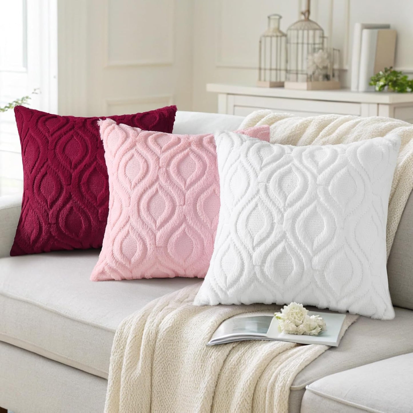 decorUhome Fall Throw Pillow Covers 22x22 Inch Set of 2, Soft Plush Decorative Faux Fur White Solid Couch Pillow Covers, Accent Farmhouse Neutral Square Euro Pillow Cases for Sofa Bed Living Room