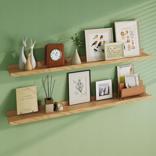 Floating Picture Ledge Shelves 55 Inch Solid Oak Wood Set of 2, Rustic Wall Storage Shelves with Lip, Kids Bookshelf, Photo & Picture Ledge Shelves for Bedroom, Living Room, Kitchen