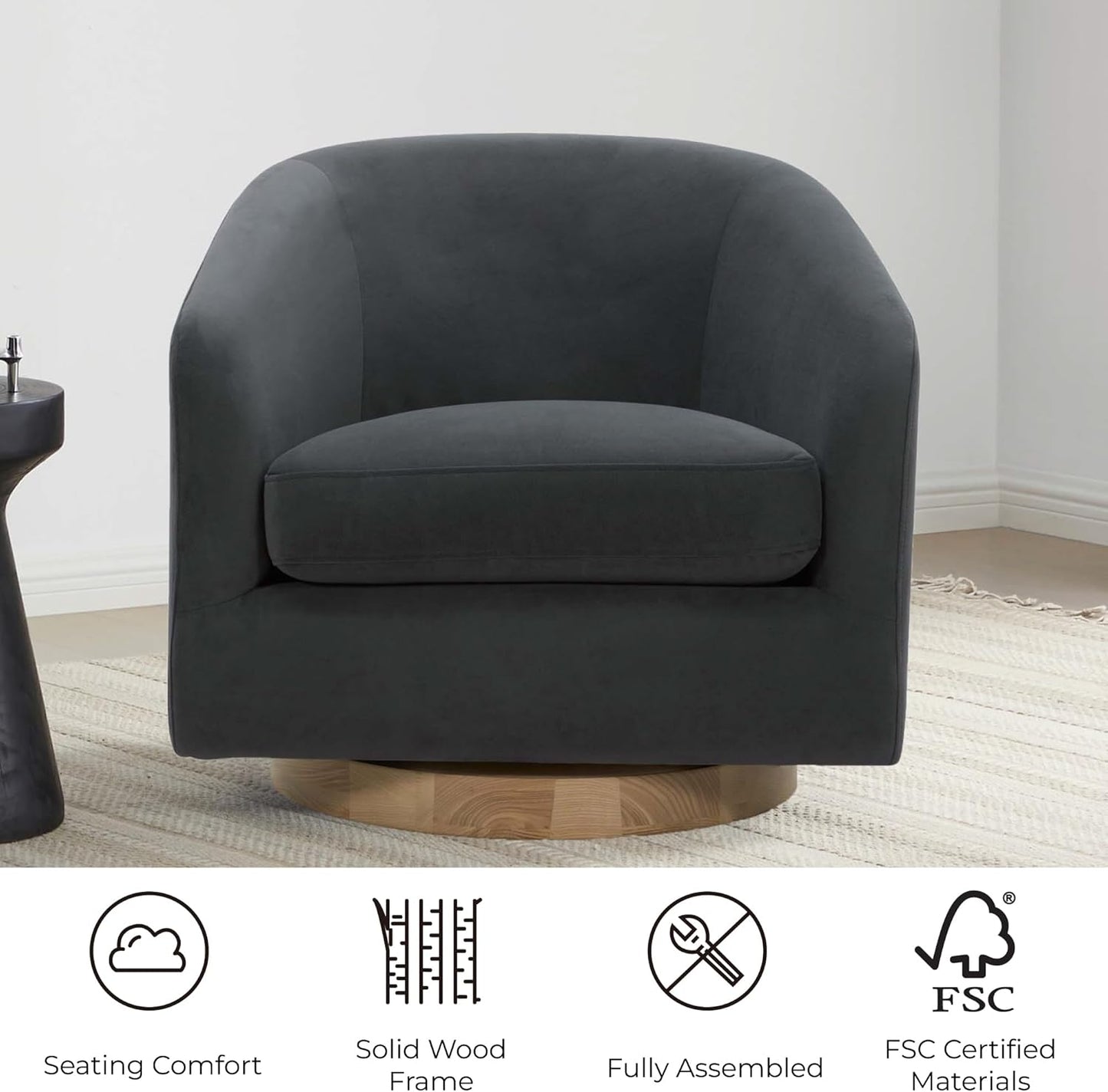 CHITA Swivel Accent Chair, FSC Certified Upholstered Velvet Barrel Chair for Living Room Set of 2, Fully Assembled, Grey