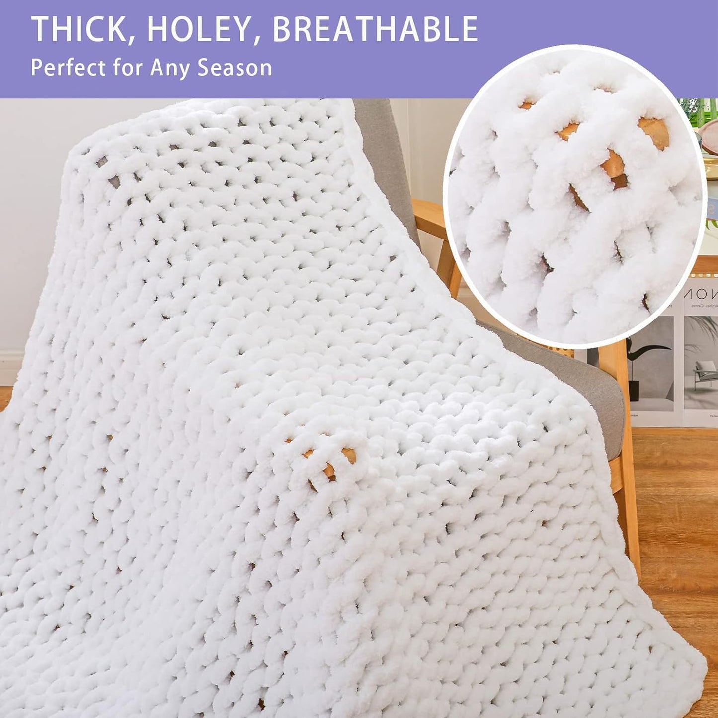Bigacogo Chunky Knit Throw Blanket for Couch, 40x80 inches, 100% Hand Knitted with Thick Jumbo Chenille Yarn, Cozy Soft Large Rope Knot Cable Crochet Blankets for Sofa Bed Living Room, White