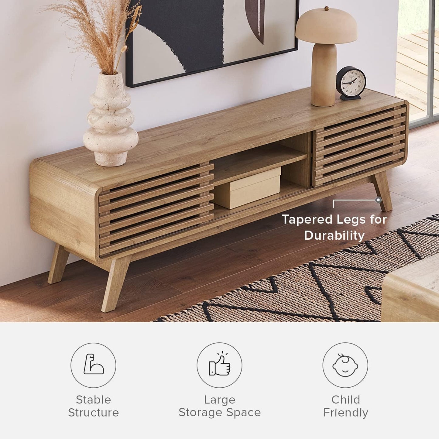 mopio Ensley TV Stand, Mid Century Modern for 55/60/65 inch TV, Farmhouse TV Stand, Entertainment Center with Storage, TV and Media Consol for Living Room (Oak, 59")