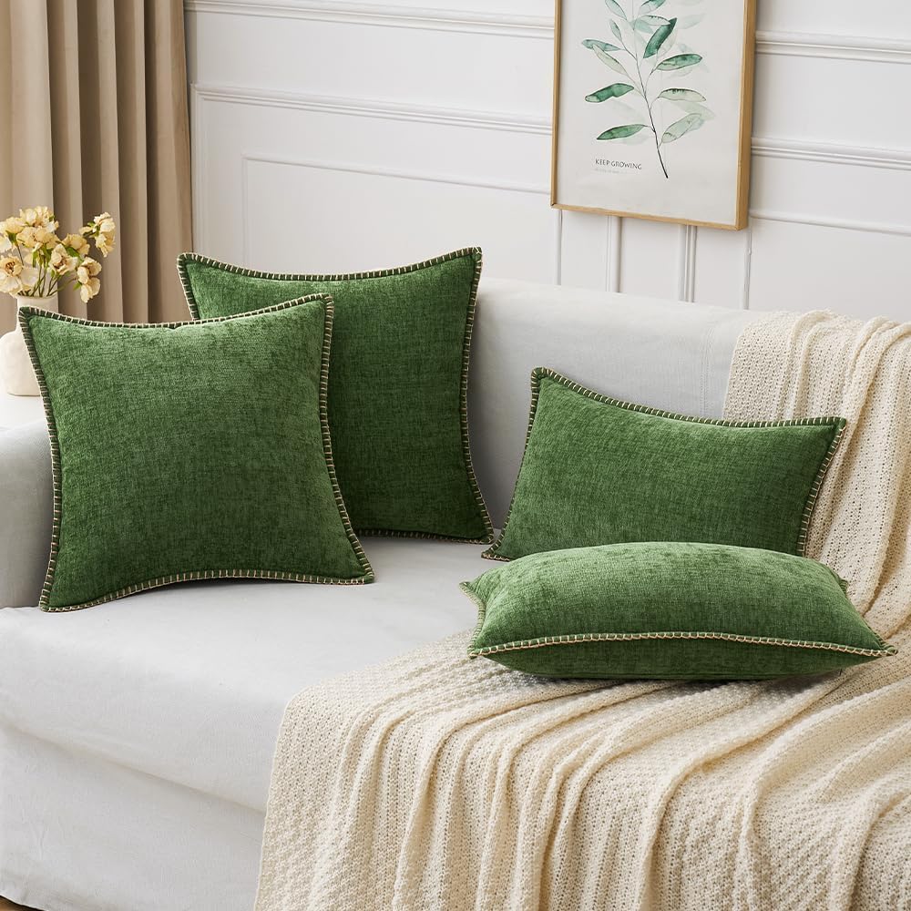 MIULEE Pack of 2 Christmas Pillow Covers 20x20 Inch Moss Green Farmhouse Decorative Throw Pillow Covers with Stitched Edge Soft Chenille Solid Dyed Couch Pillow Covers for Sofa Bed Living Room