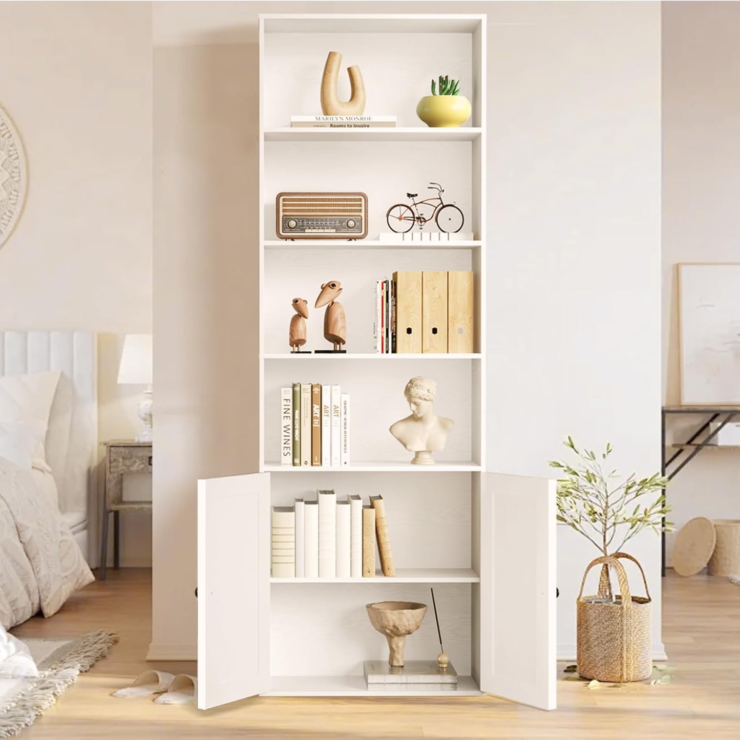 Tall White Bookcase with Doors – Wooden Bookshelf with Storage Cabinet & Shelves for Living Room, Bedroom, or Office