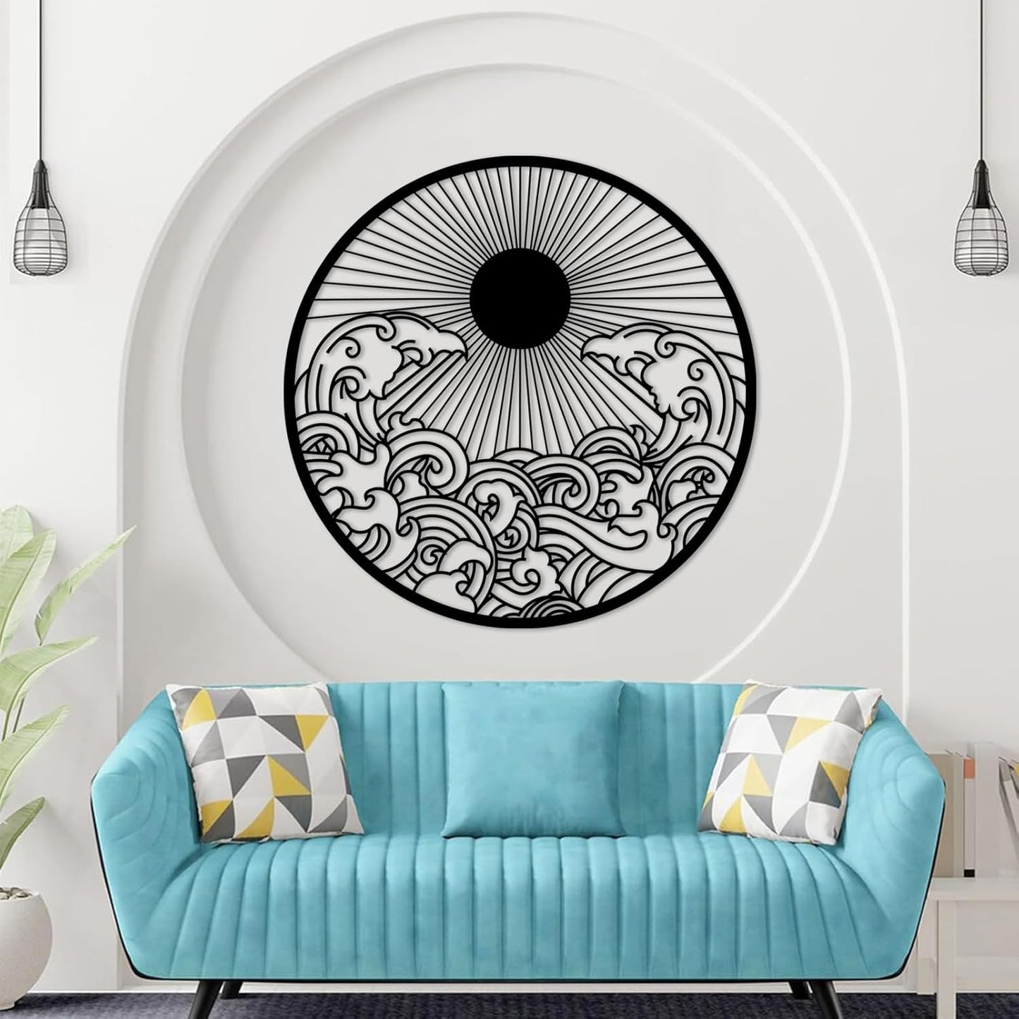 flyoak Metal Sun Wall Decor Outdoor, Sunrise Metal Wall Art, Metal Wave Wall Art, Sunrise and Wave Wall Decor, Sunburst Wall Art, Sunset Wall Art, Wall Hangings for Bedroom (Black, 30x30in|76x76cm)