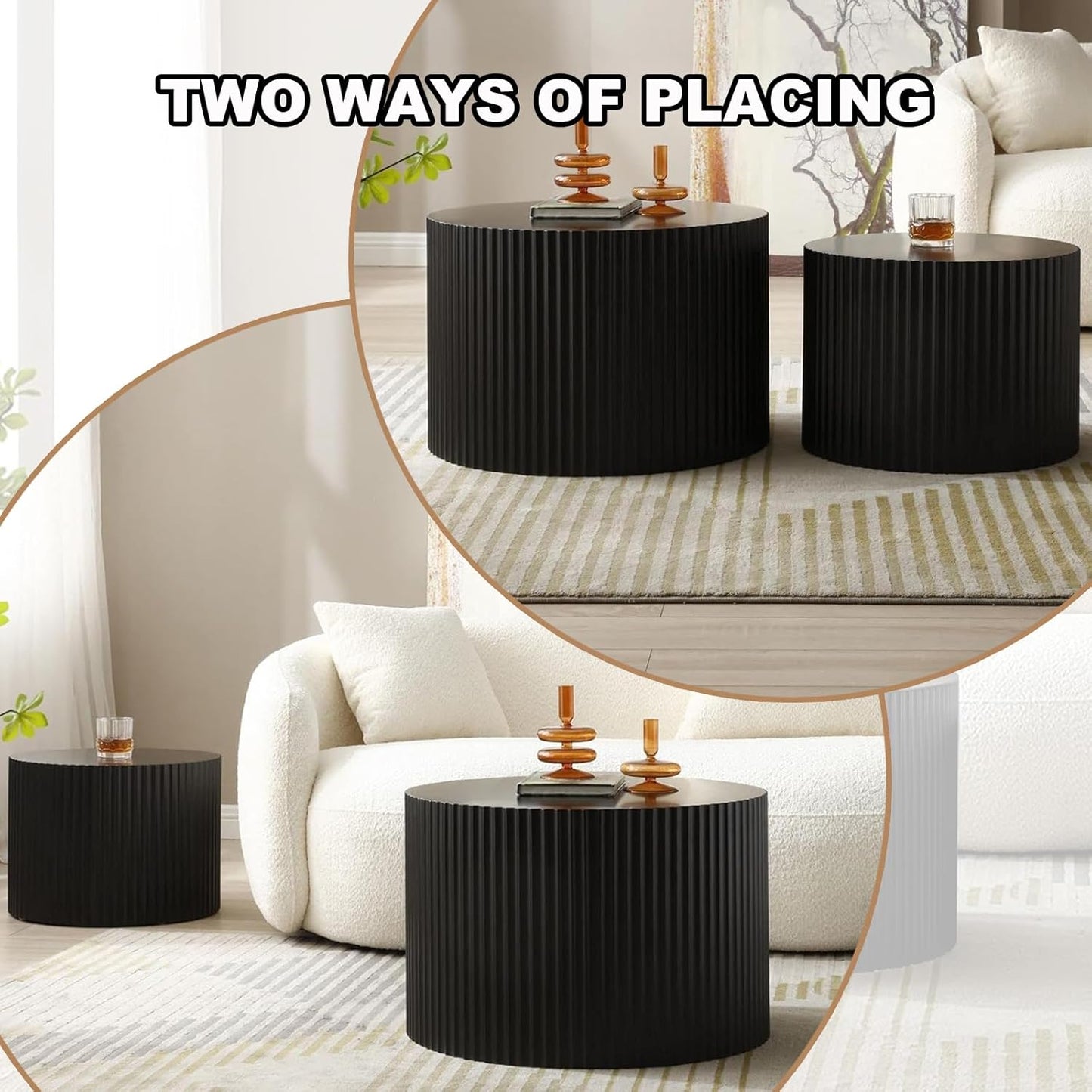 Modern Black Nesting Coffee Table Set of 2 Handcraft Fluted Coffee and End Table Sets Wooden Drum Small Round Side Table Funky Center Tables for Living Room,No Assembly,Black Small
