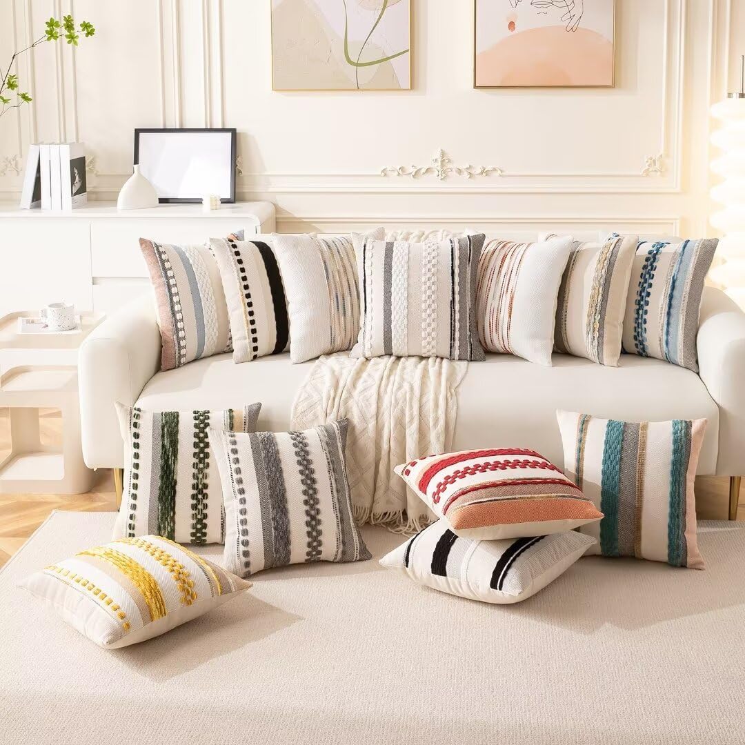 Boho Throw Pillow Covers 18x18 Set of 2 Christmas Decorative Cushion Case Striped Square Pillows Cover Chenille Pillow Cases Accent Neutral Pillowcase for Sofa Couch Bed,White Wine-red