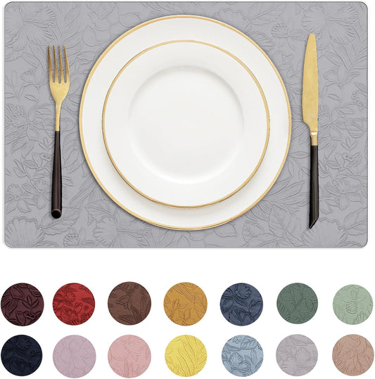 Romanstile Vinyl Placemats Set of 6-12 X 18 Inch - Heat Resistant Non-Slip Embossed Floral Place Mats 100% Waterproof Oilproof Wipeable Faux Leather Table Mats for Kitchen/Dining/Party, Grey