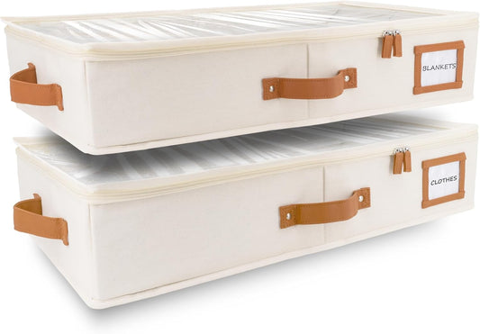 HOMELUX THEORY 2pc Under Bed Storage Containers, Bedroom Under the Bed Drawer Storage Organizer with Bins and Lids, Large Underbed Clothes Storage Box Ideal for Blanket, Fabric, & Shoes (Ivory)