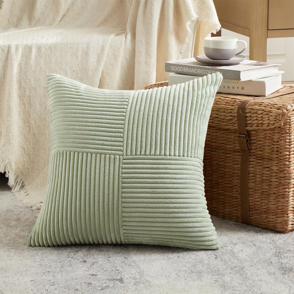 Fancy Homi 2 Packs Sage Green Euro Decorative Throw Pillow Covers 28x28 Inch for Bedroom Couch Bed, Farmhouse Boho Home Decor, Soft Corss Corduroy Patchwork Textured Square Cushion Case 71x71 cm