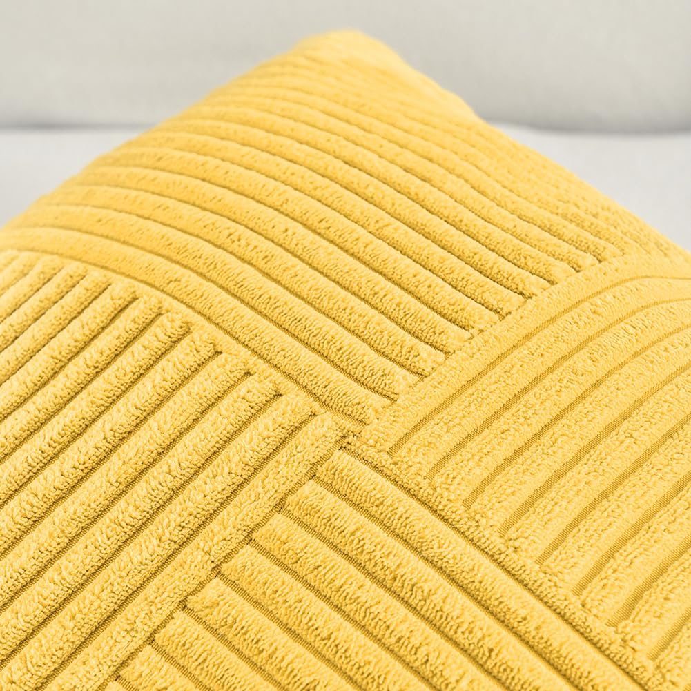 Fancy Homi 2 Packs Yellow Decorative Throw Pillow Covers 16x16 Inch for Living Room Couch Bed, Rustic Farmhouse Boho Home Decor, Soft Corss Patchwork Corduroy Textured Square Cushion Case 40x40 cm