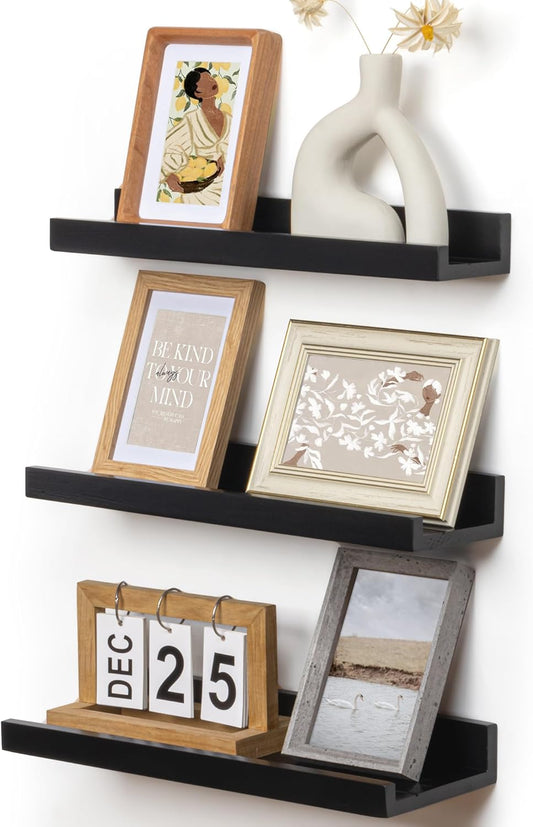 Picture Ledge Wall Shelves - 16 Inch Width Set of 3, Solid Pine Wood Rustic Floating Ledge Shelves for Kids' Room, Bedroom, Kitchen, Bathroom, Living Room, Nursery Display Decor, Black