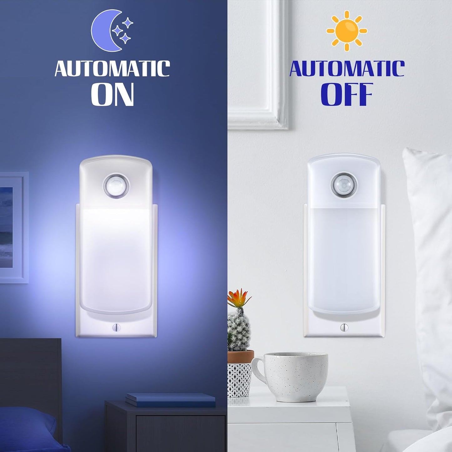 Enhon Emergency Power Failure Night Lights, 5-in-1 Multi Color LED Light, Rechargeable Flashlight with Foldable Plug, Automatic On Off Motion Sensor for Bedrooms, Hallways, Black Outs (3 Pack)