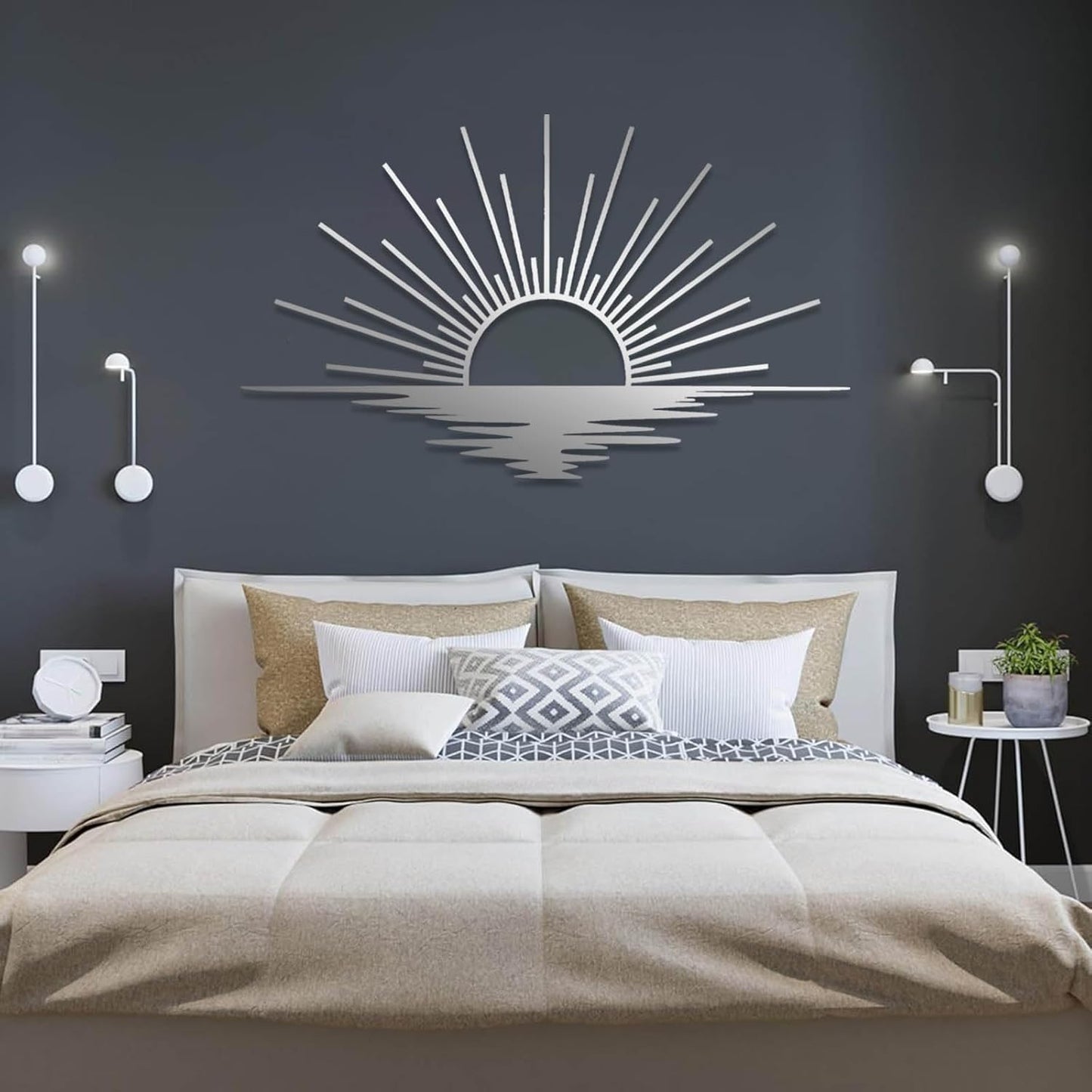 Sunrise Metal Wall Art, Metal Sun Wall Decor, Sun Outdoor Wall Art, Abstract Sunrise Wall Decor, Boho Home Hanging, Living Room Wall Hanging (Silver, 41"x25"/105x63cm)