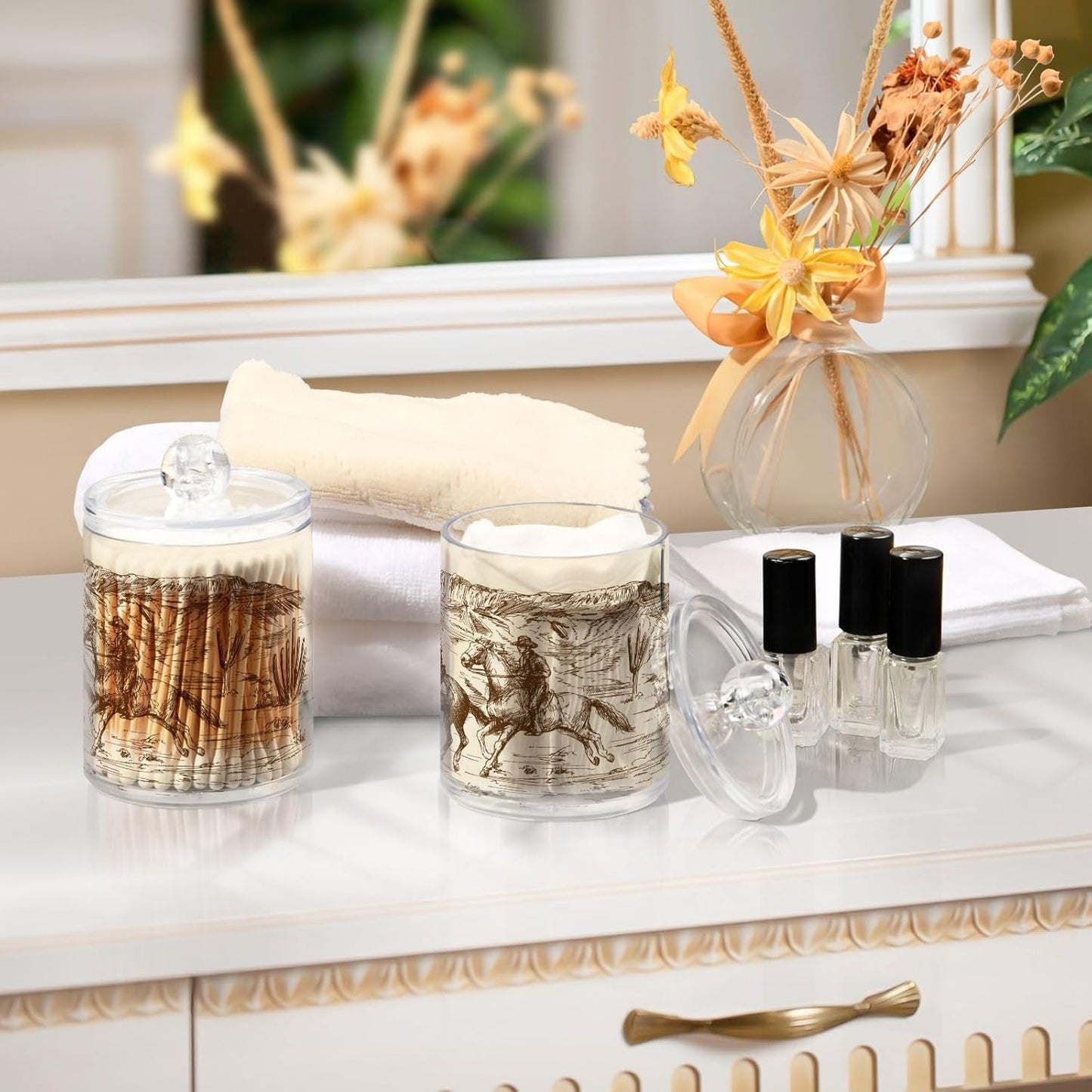 2 Pack Qtip Holder Organizer Dispenser Western Desert Cowboy Bathroom Storage Canister Cotton Ball Holder Container for Cotton Swabs/Pads/Floss