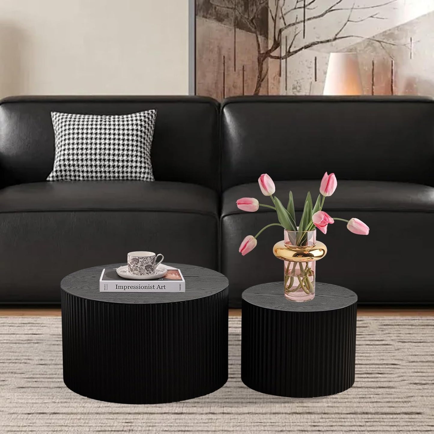 Nesting Coffee Table Set of 2 Modern Black Handcraft Fluted Coffee and End Table Sets Wooden Drum Small Round Side Table Funky Center Tables for Living Room,No Assembly,Black Large