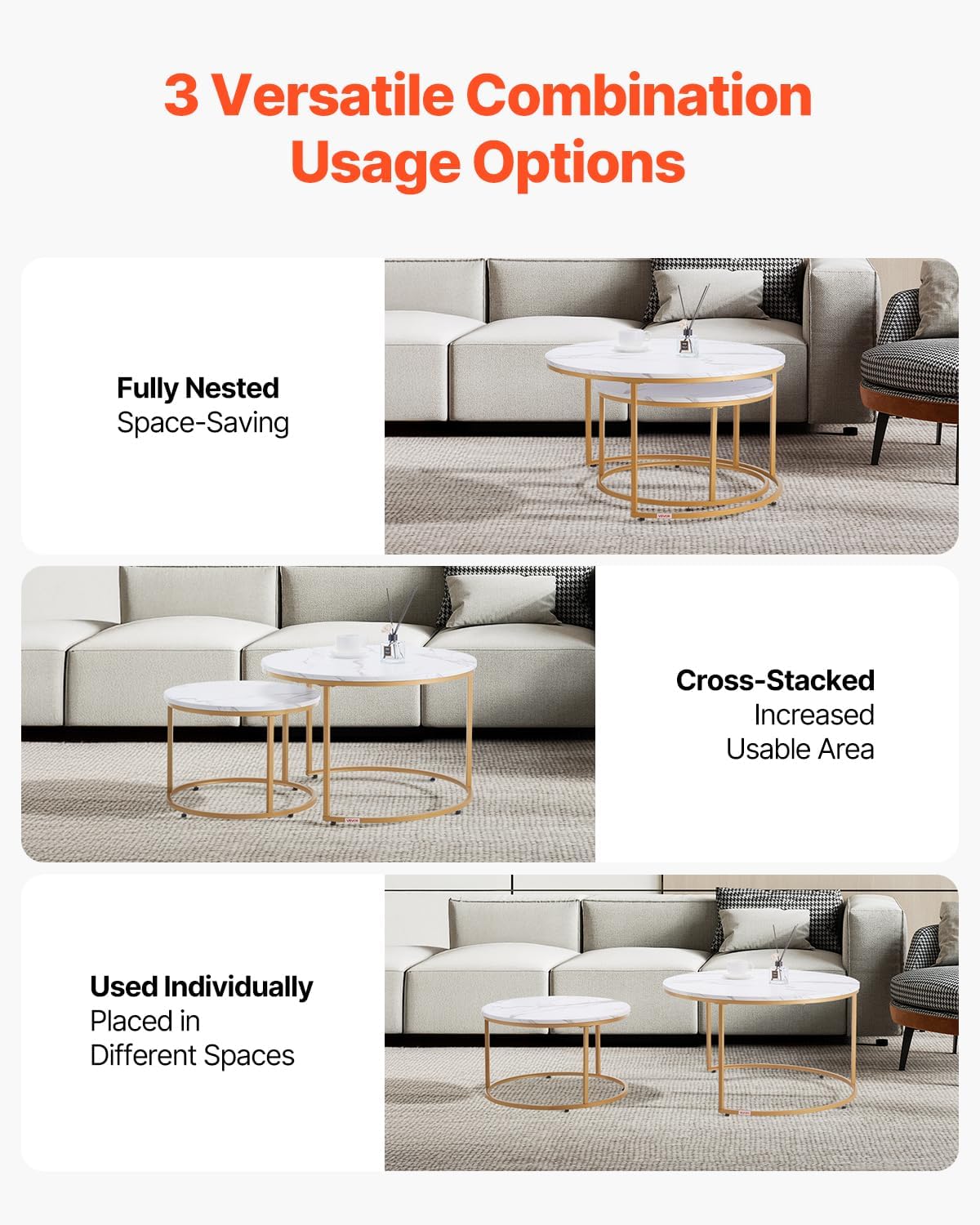 VEVOR Nesting Tables, Coffee Table Set of 2, 31.5 inch Round Coffee Table, Small Coffee Tables Night Stand with Metal Frame, for Living Room, Bedroom, Office (White & Gold)