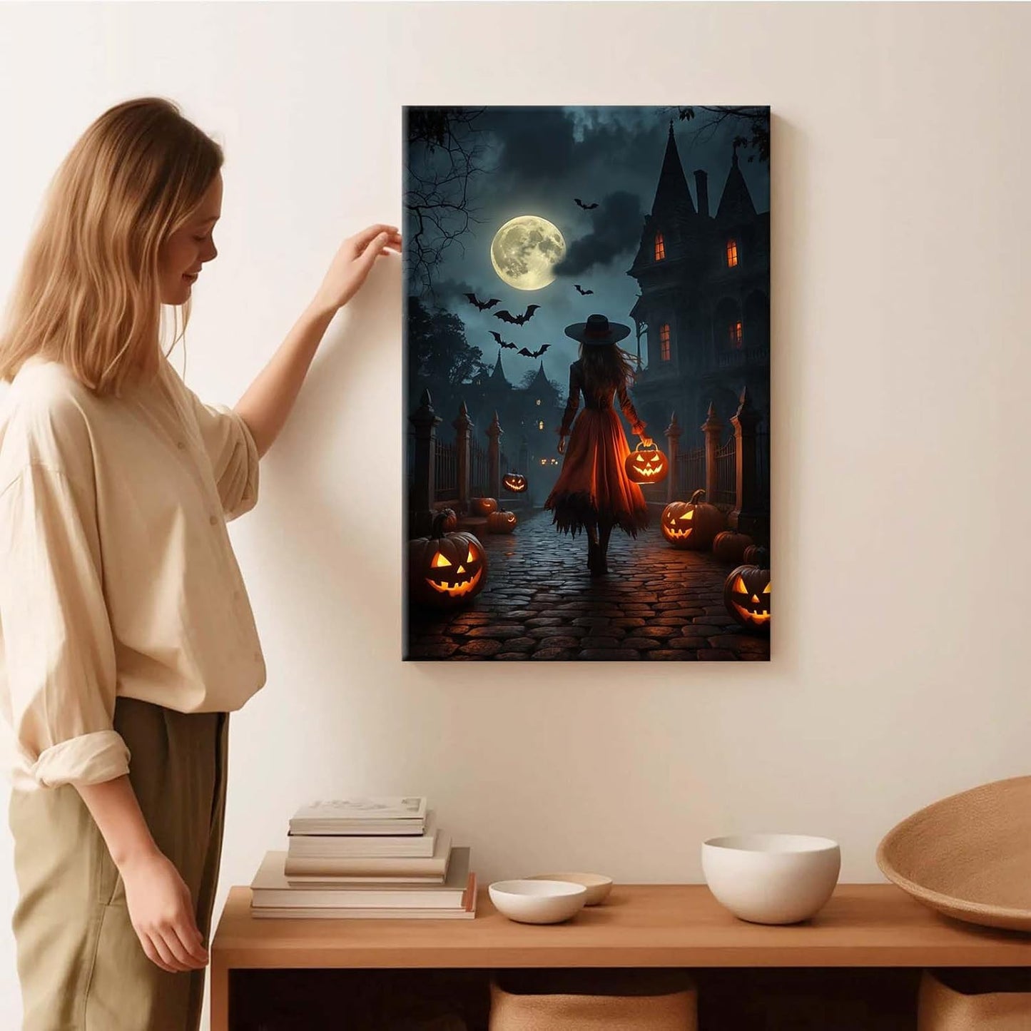 Halloween theme poster moonlit autumn night witch vintage poster art print dark college style gothic painting canvas wall decoration bedroom living room ideal gift8x12in Wood Framed