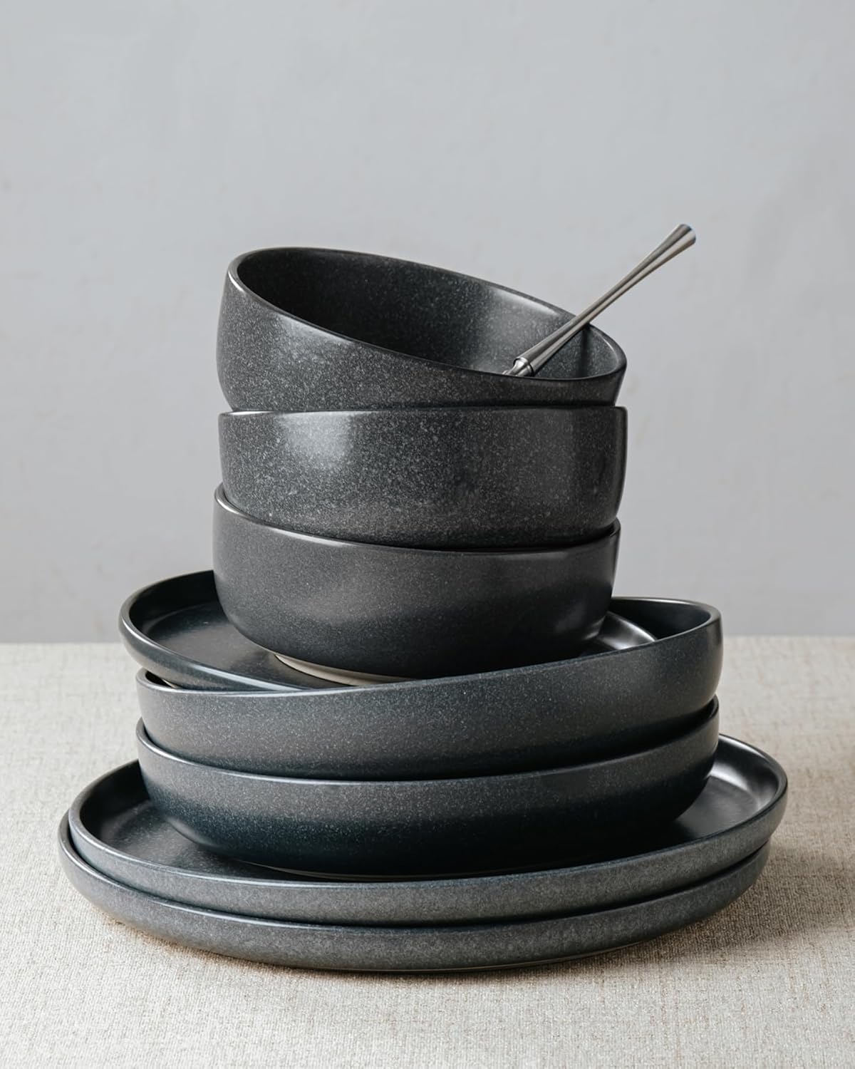Famiware Milkyway Stoneware Dinnerware Sets with Pasta Bowls, Service for 4 (16 Pieces), Reactive Glaze Plates and Bowls Sets, Microwave and Dishwasher Safe Dishes Set, Matte Dark Charcoal