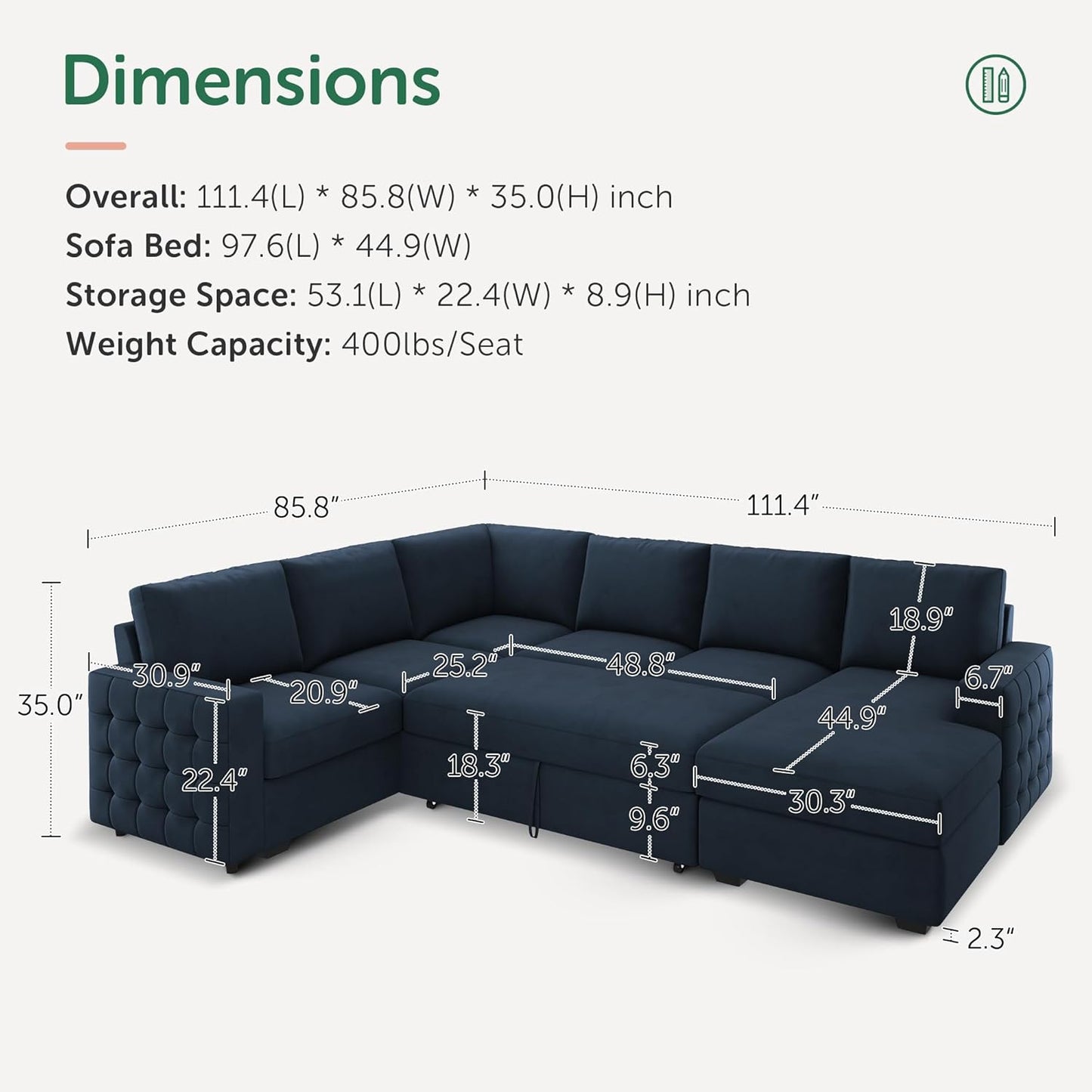 HONBAY Sectional Sleeper Sofa with Pull Out Bed U-Shape Sectional Couch Sleeper Bed with Storage Chaise Lounge Living Room 6 Seater Sectional Sofa Bed,Velvet Dark Blue