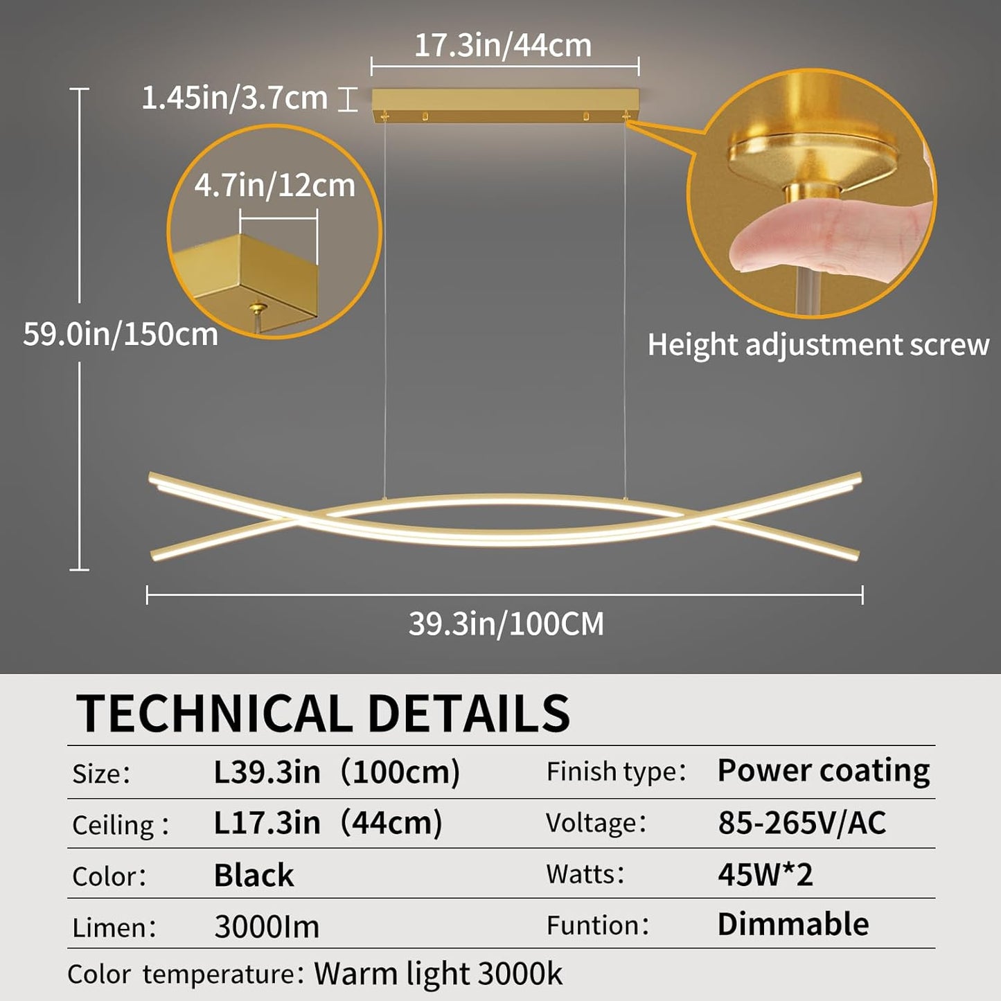 Modern Chandelier with 1%-100% Dimmable, Suitable for Dining Room, Bedroom and Living Room(Gold)