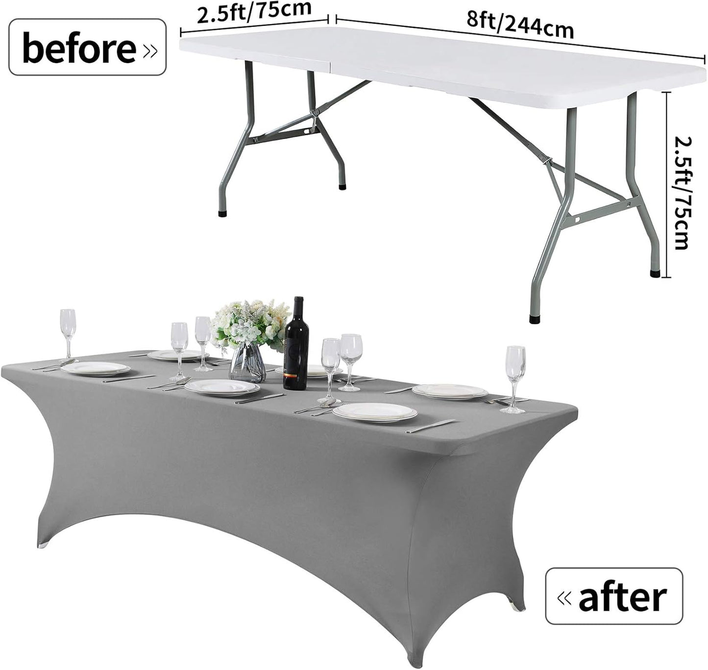 2Pack Spandex Table Cover for 8FT or 4ft or 6ft Table Universal Fitted Stretch Tablecloth for Party, Banquet, Wedding and Events-Gray