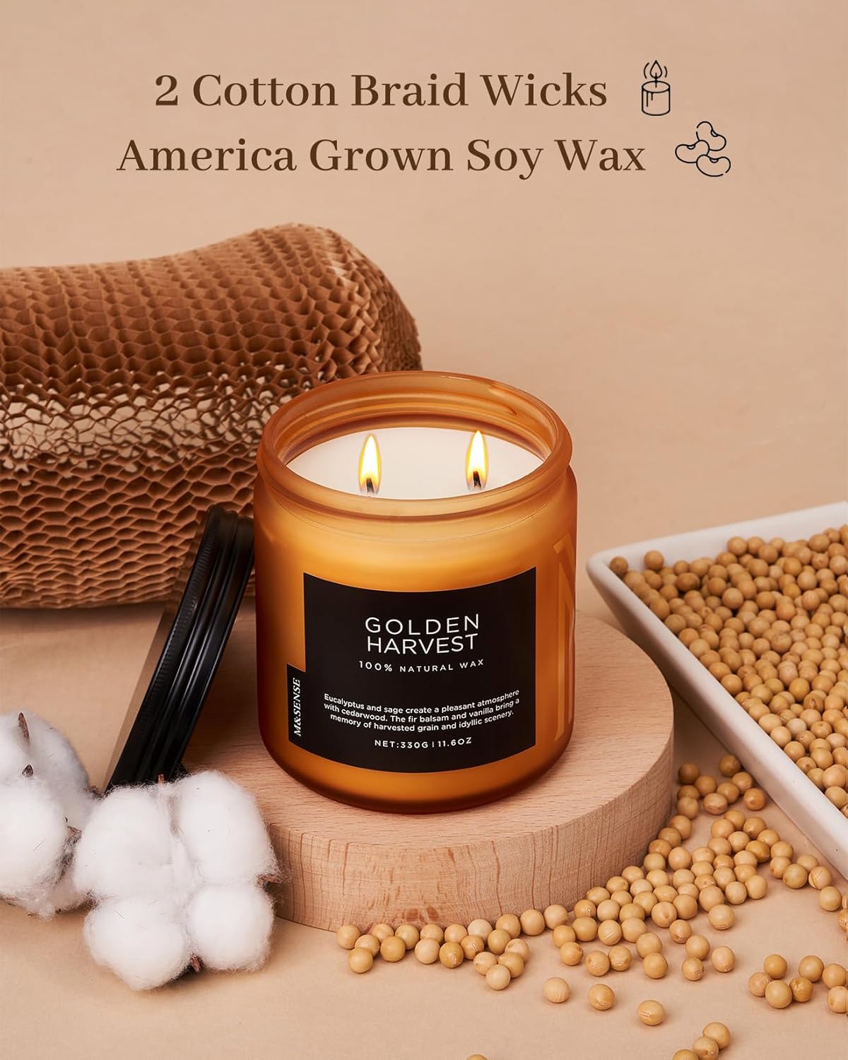 M&SENSE Golden Eucalyptus & Sage Scented Candle, 11.6oz Natural Soy Wax 70 Hours Long Lasting Highly Scented 2 Cotton Wick Candle Gifts for Birthday Holiday, Decorative & Home