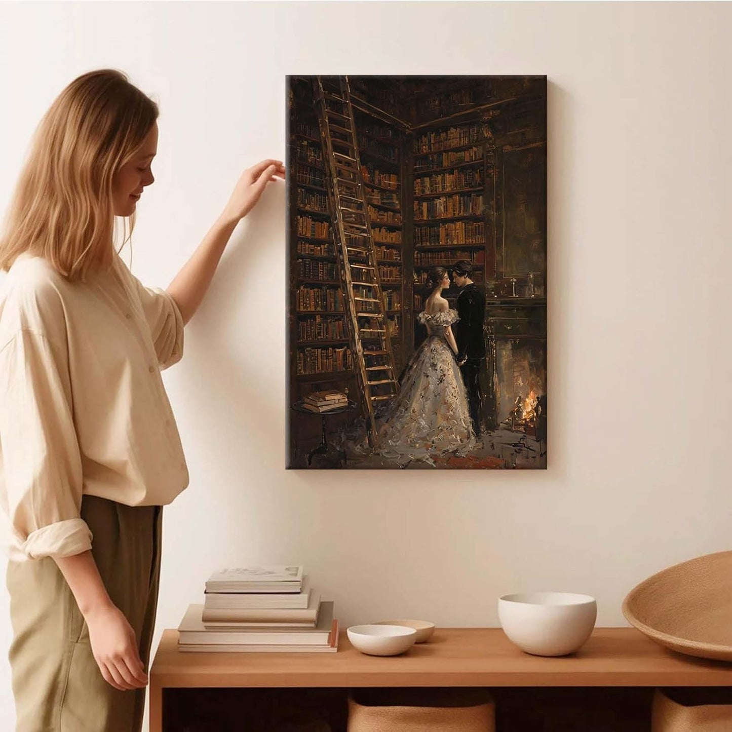 JFHCQJPK Gothic retro library scene decoration melancholy calm art college style wall aesthetic antique style home decoration suitable for bedroom living room32x48in Frameless