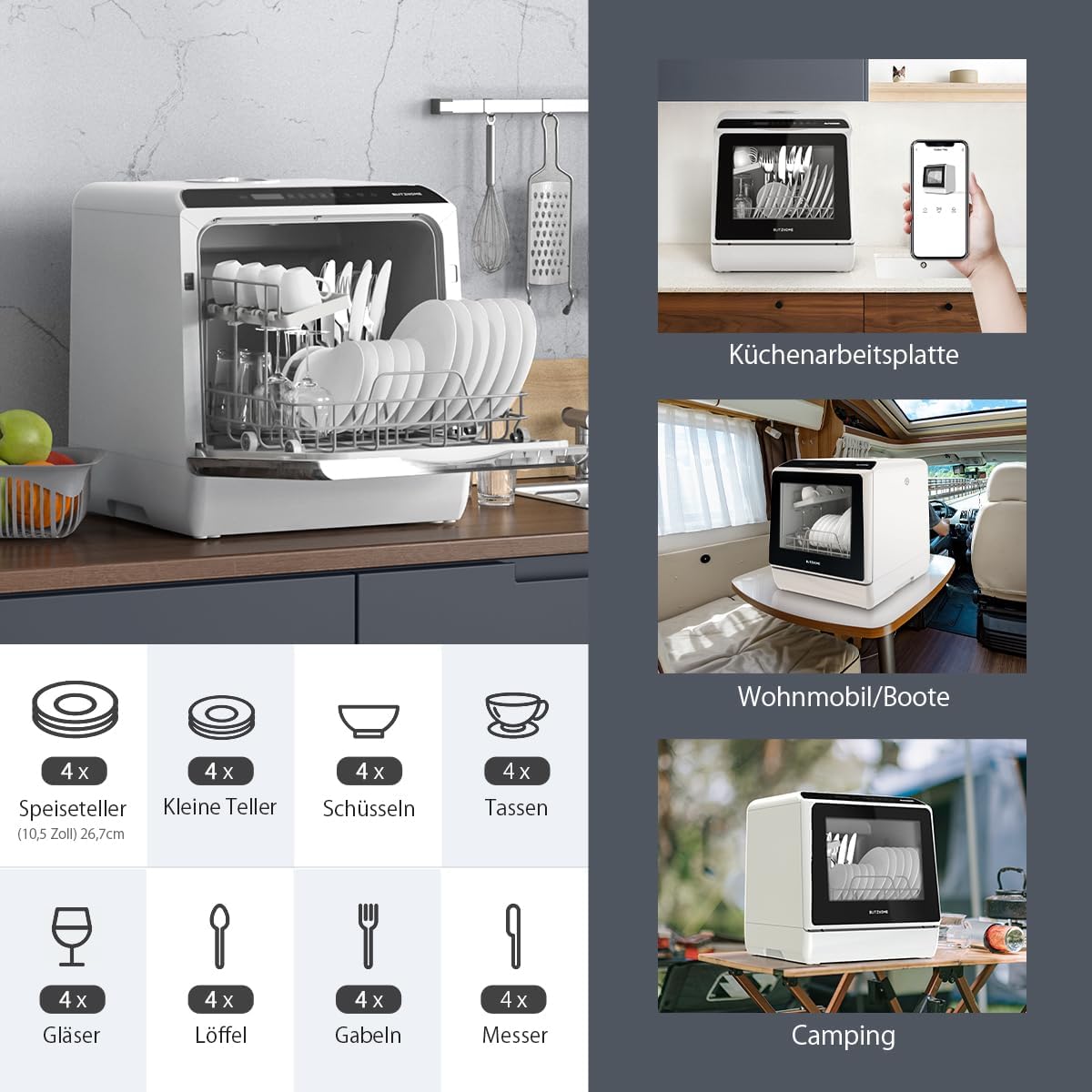 Portable Dishwasher Countertop, WIFI Smart Dishwasher, Compact Mini Dishwashers with 5L Built-in Water Tank, 6 Programs, 360° Dual Spray, High-Temp& Air-Dry Function, Fruit Cleaning
