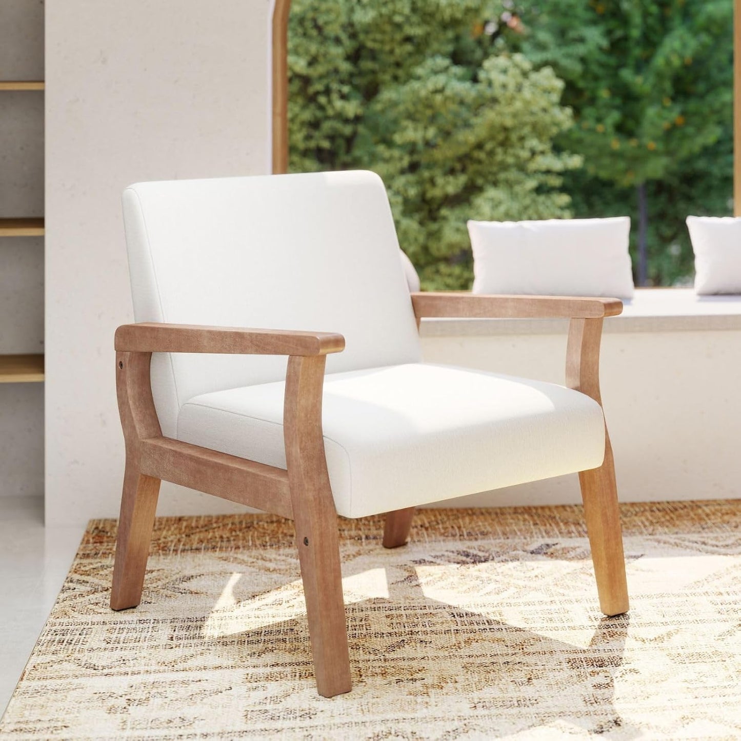 Beige Accent Chair Mid Century Modern Armchair Wood Sitting Chair Linen Fabric Upholstered Side Chair Comfortable Chair for Living Room Bedroom Cream