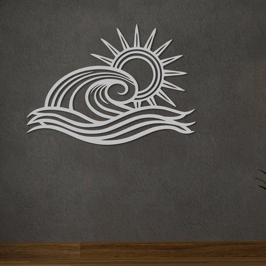 Wita Home Ocean Wave Metal Wall Art, Sun Beach Decor, Coastal Large Wall Sculpture for Home, Indoor/Outdoor Use, Nautical Wall Hanging, Eye-Catching Addition to Living Room (Silver, 40 x 23 inches)