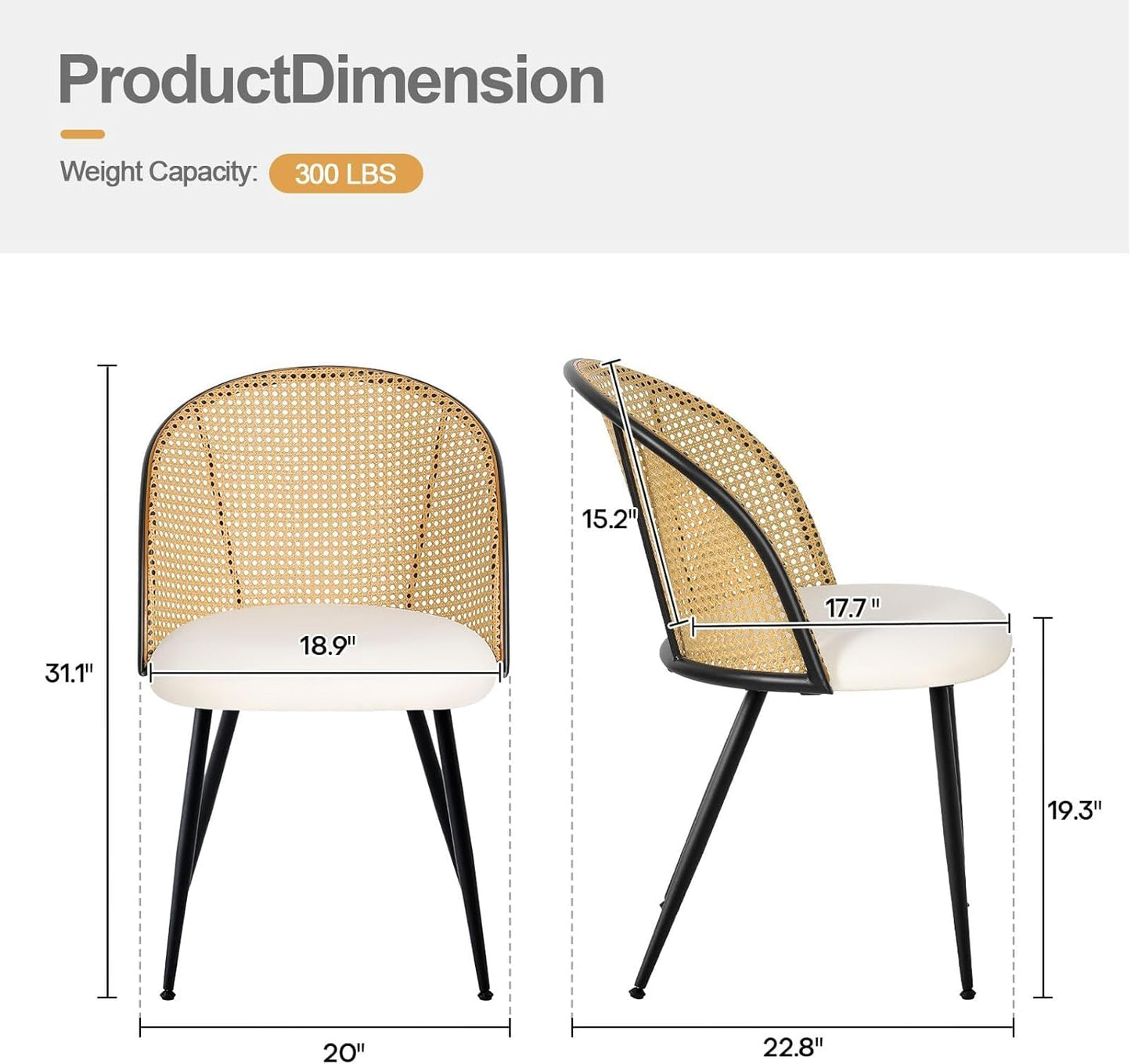 Dining Chairs Set of 6, Mid Century Modern Dining Room Chairs with Rattan Back, Faux Leather Kitchen Dining Chairs Farmhouse Armless Mesh Cane Back Side Chairs with Metal Legs, White