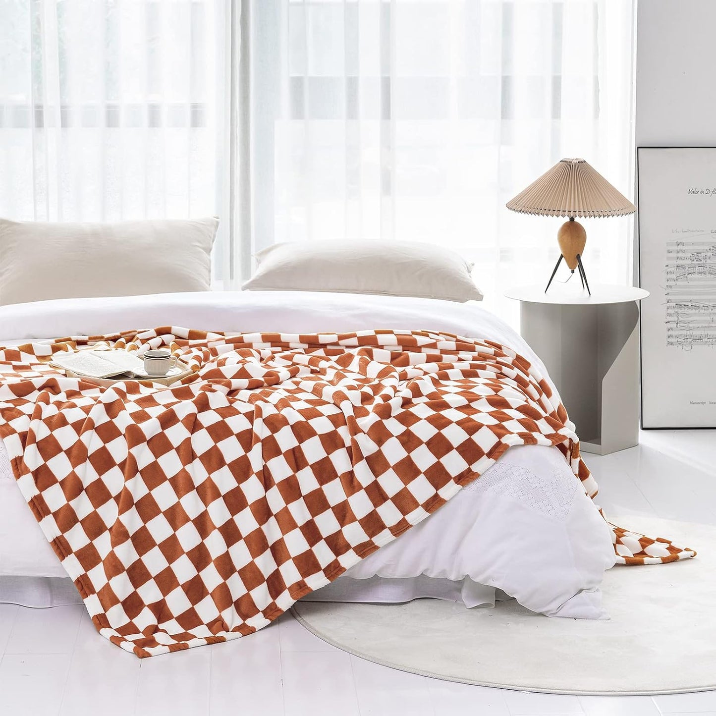 LOMAO Throw Blankets Flannel Blanket with Checkerboard Grid Pattern Soft Throw Blanket for Couch, Bed, Sofa Luxurious Warm and Cozy for All Seasons (Maple Brown, 90"x90")