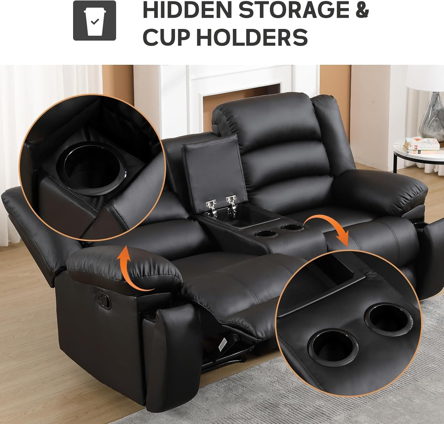 EBELLO Faux Leather Manual Loveseat Recliner, Reclining Sofa Chair with 2 Concealed Cup Holders, Hidden Storage, Overstuffed Armrest Couch Set for Living Room, Bedroom, Meeting Room(Loveseat)