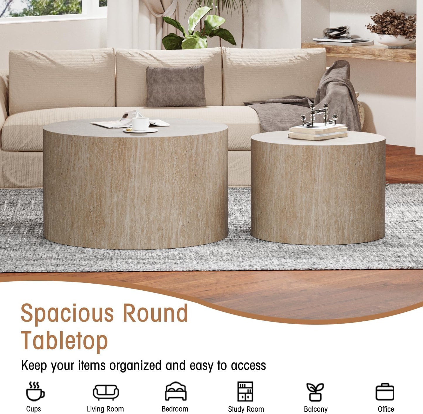 Round Nesting Coffee Table Set of 2 Modern Wood Coffee Tables Handcraft Drum Coffees Table Farmhouse Round Sofa Side Tables End Table for Living Room Small Spaces, No Assembling (Travertine Large)