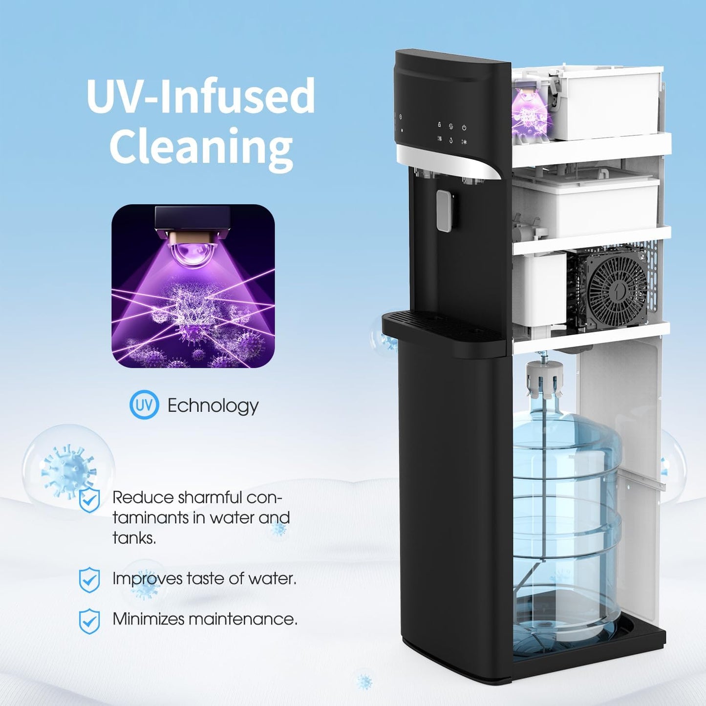 Self Cleaning Hot and Cold Bottom Load Water Cooler Dispenser with Ice Maker for 5 Gallon 3 Temperature Settings 22lbs Daily Capacity Black