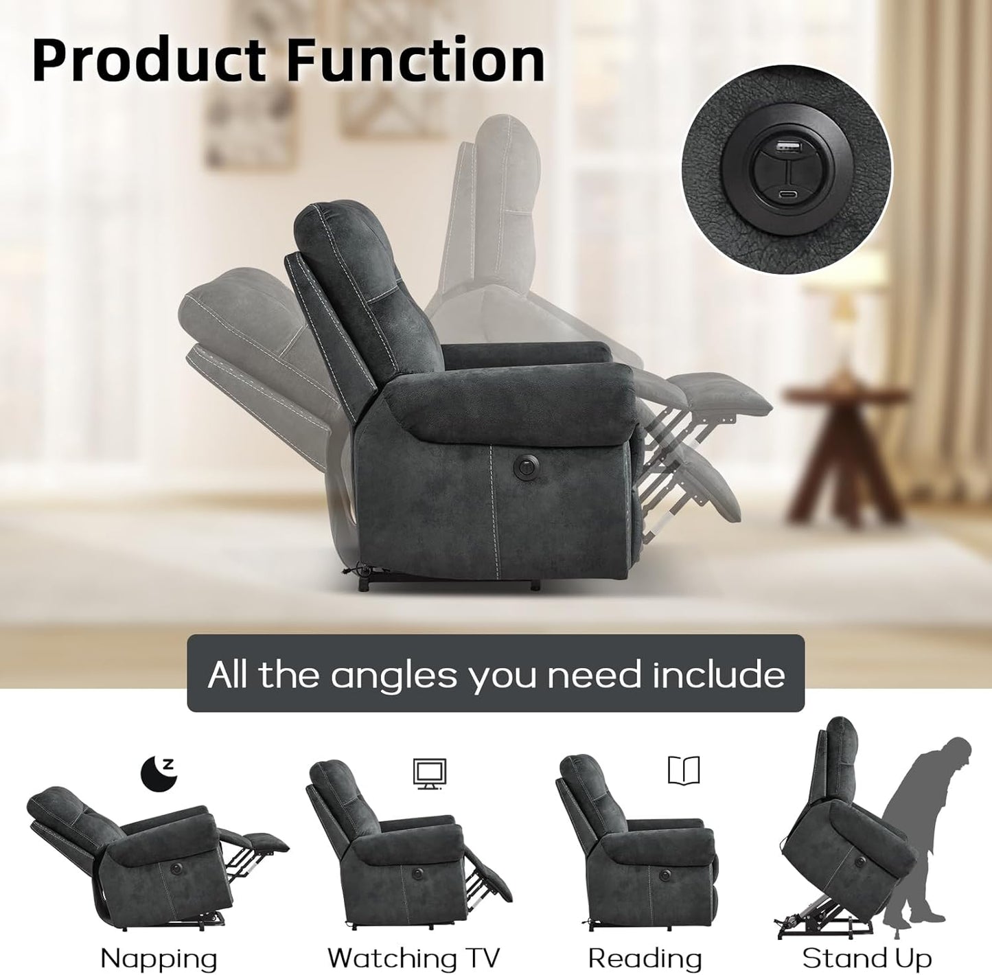EBELLO 2 Pieces Reclining Couch Furniture Set for Living Room, 1 Seat Power Recliner and a 3 Seater Sofa, Vintage Rivet Mid-Century Design for Living Room, Grey