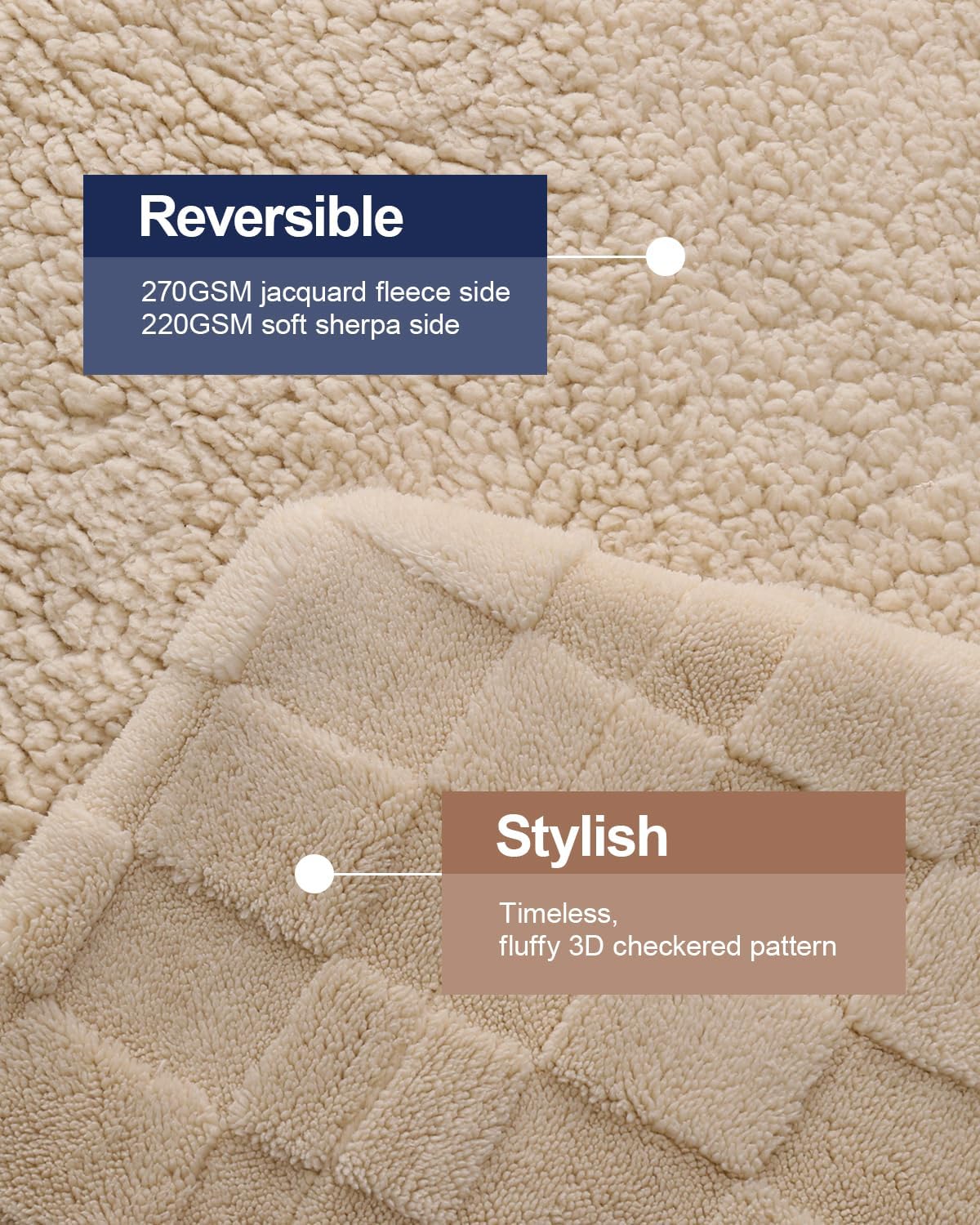 Pawque Super Soft Cozy Throw Blanket Queen Size for Couch Bed, Fluffy Sherpa Fleece Reversible Thick Warm Fuzzy Blanket for All-Season, 3D Checkered Jacquard Decorative Blankets, Khaki, 90"x90"