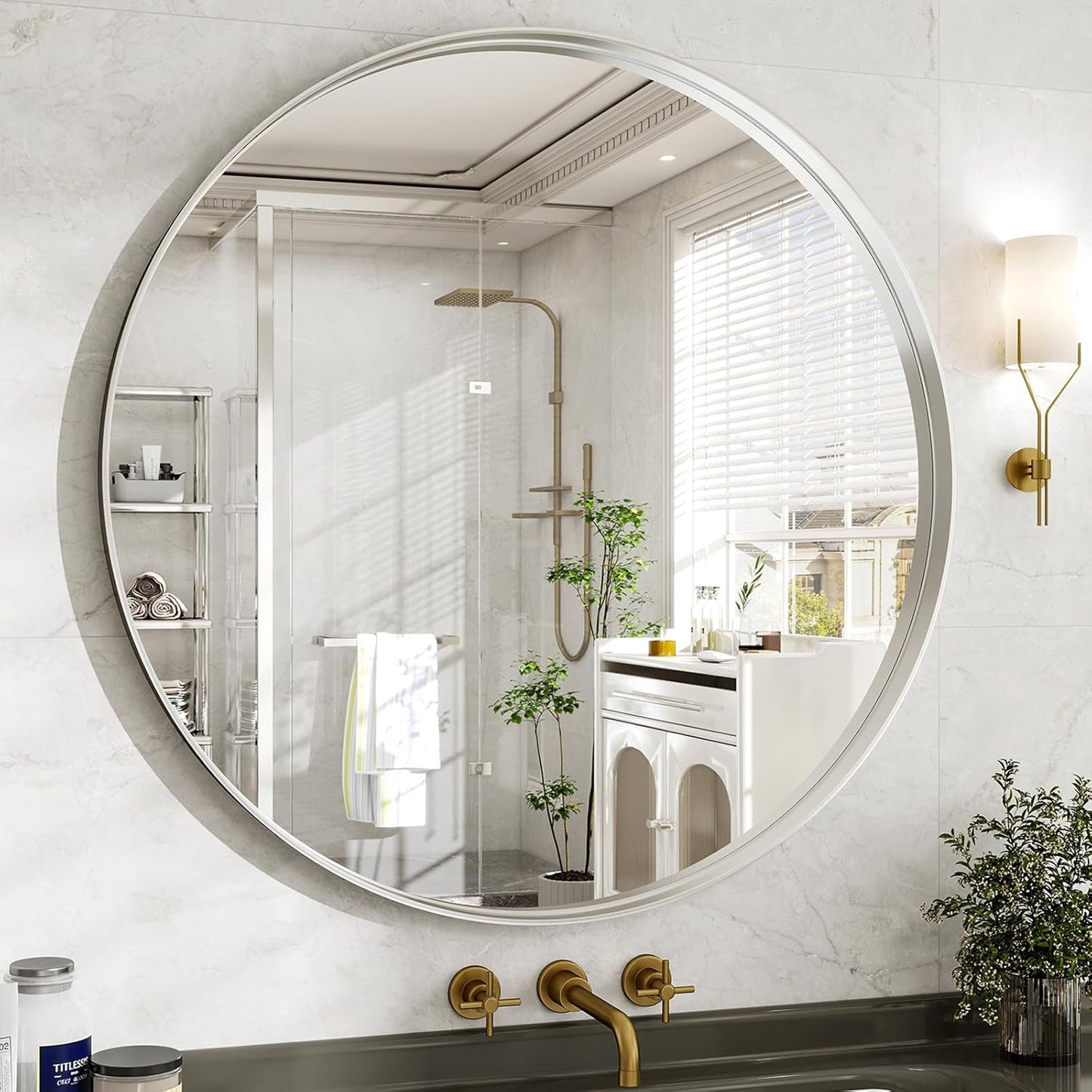 36 Inch Round Bathroom Mirror - Wall Mounted Circle Mirror with Metal Frame, Modern Mirror Suitable for Bathroom, Vanity, Entryway, Living Room, Wall Decor,Silver